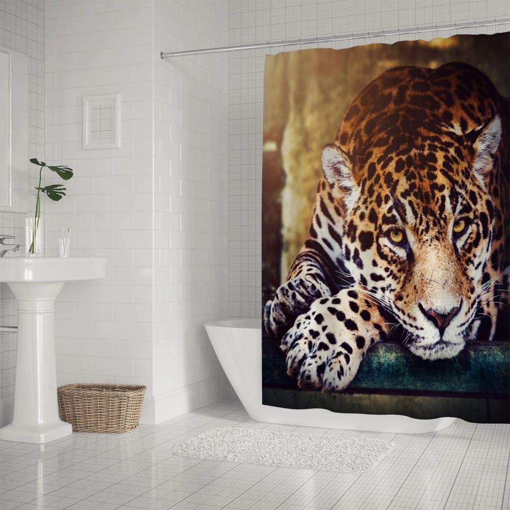 Leopard Print Shower Curtain 66x72 Inches - Waterproof Polyester Bathroom Curtain with Hooks, Jungle Animal Theme Decor for Modern Bathrooms
