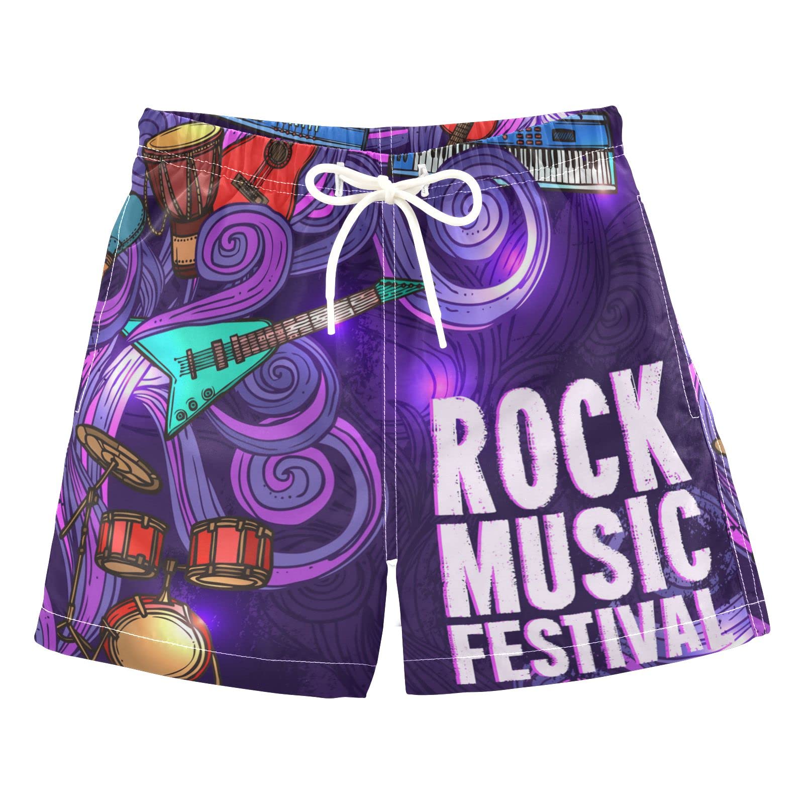 **Boys' Quick-Dry Purple Music Print Swim Trunks with Mesh Lining - Adjustable Waist Beach Shorts for Swimming, Surfing & Summer Fun**