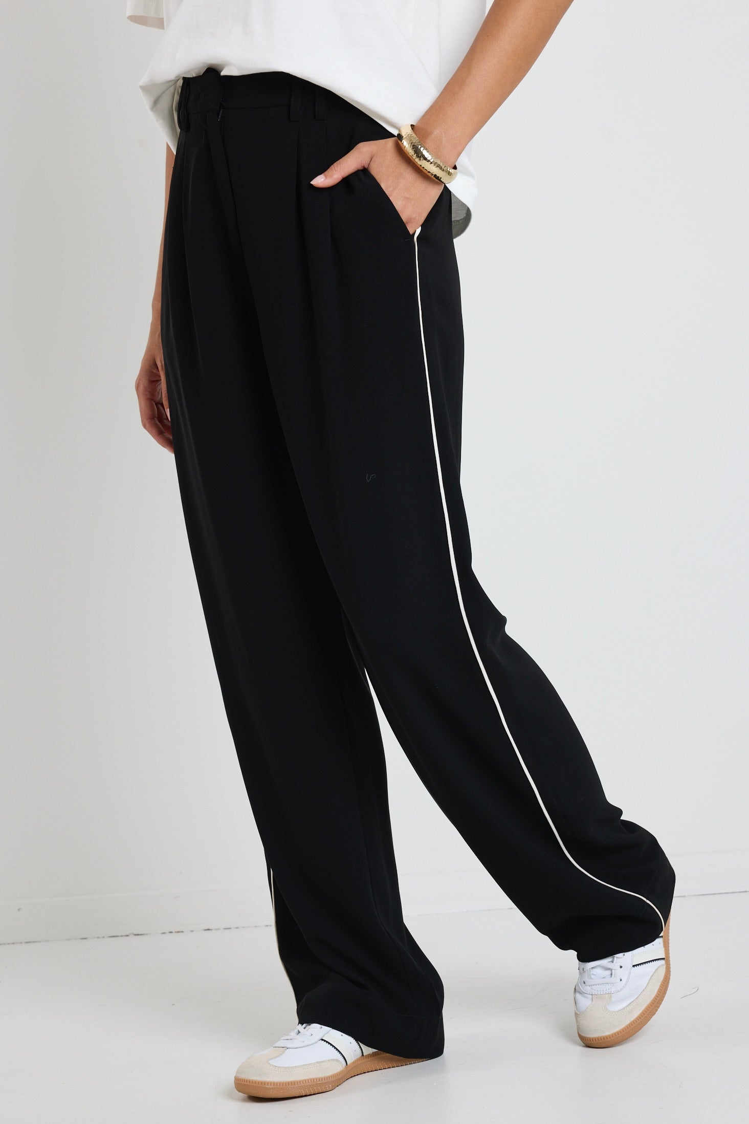 Stylish Collective Black Piped Trim Pants for Women - High Waisted Office Trousers with Side Stripes - Perfect for Work, Business Casual & Professional Outfits