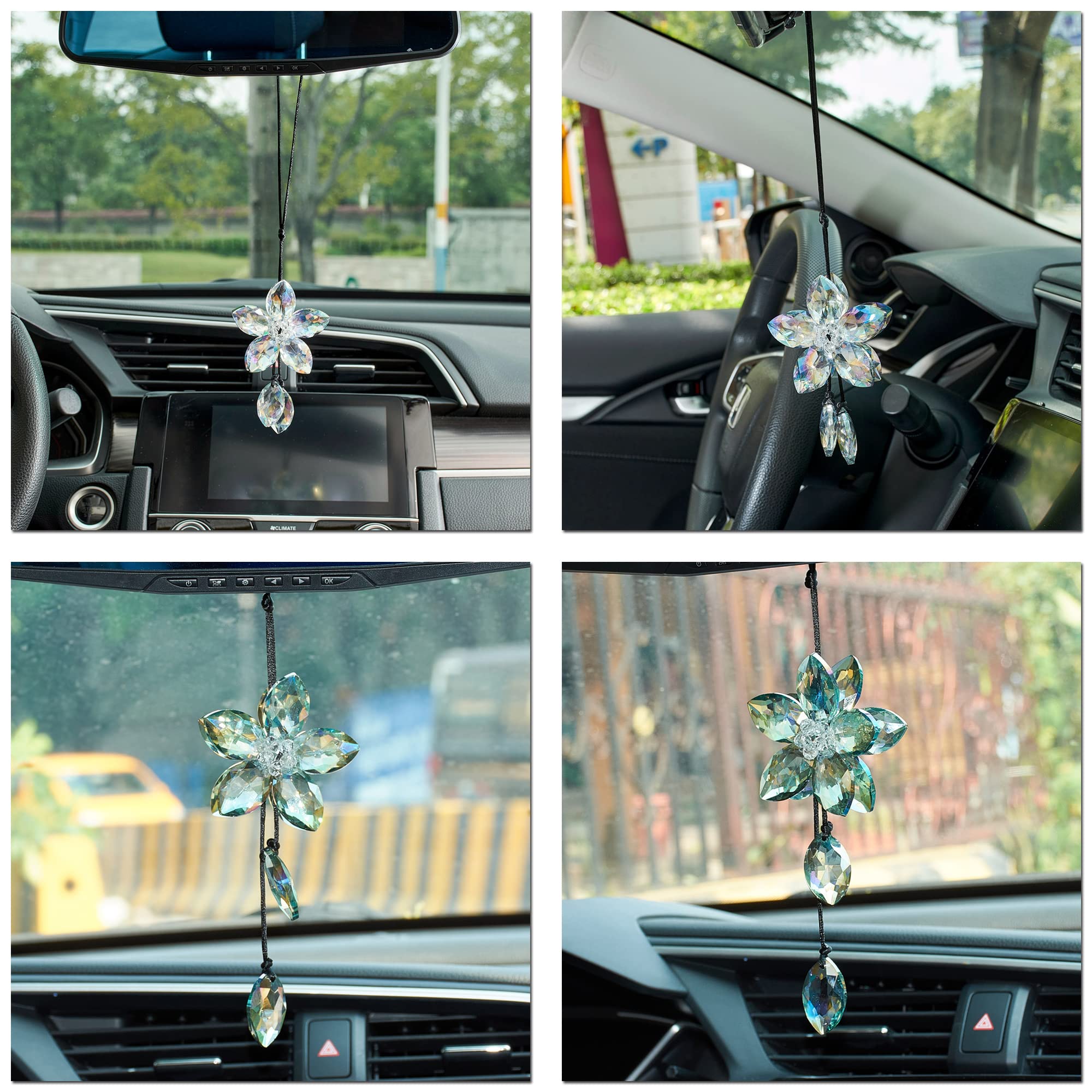 AuMoHall Crystal Flower Car Rear View Mirror Pendant - Lucky Green Hanging Ornament for Car Decor & Protection | Perfect Gift for Drivers, Birthday, Christmas & New Year | Enhance Your Vehicle's Style & Safety