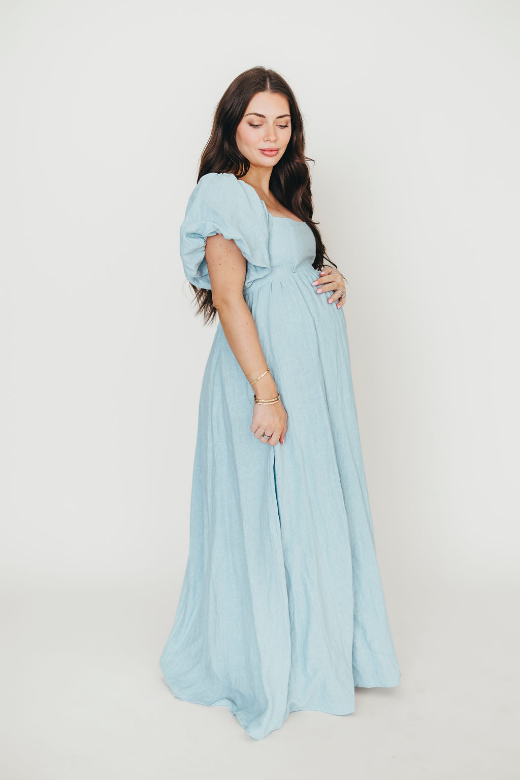 Candace Maxi Dress in Light Blue | 100% Linen Maternity Dress | Bump Friendly & Comfortable | Perfect for Summer, Beach, and Casual Outings