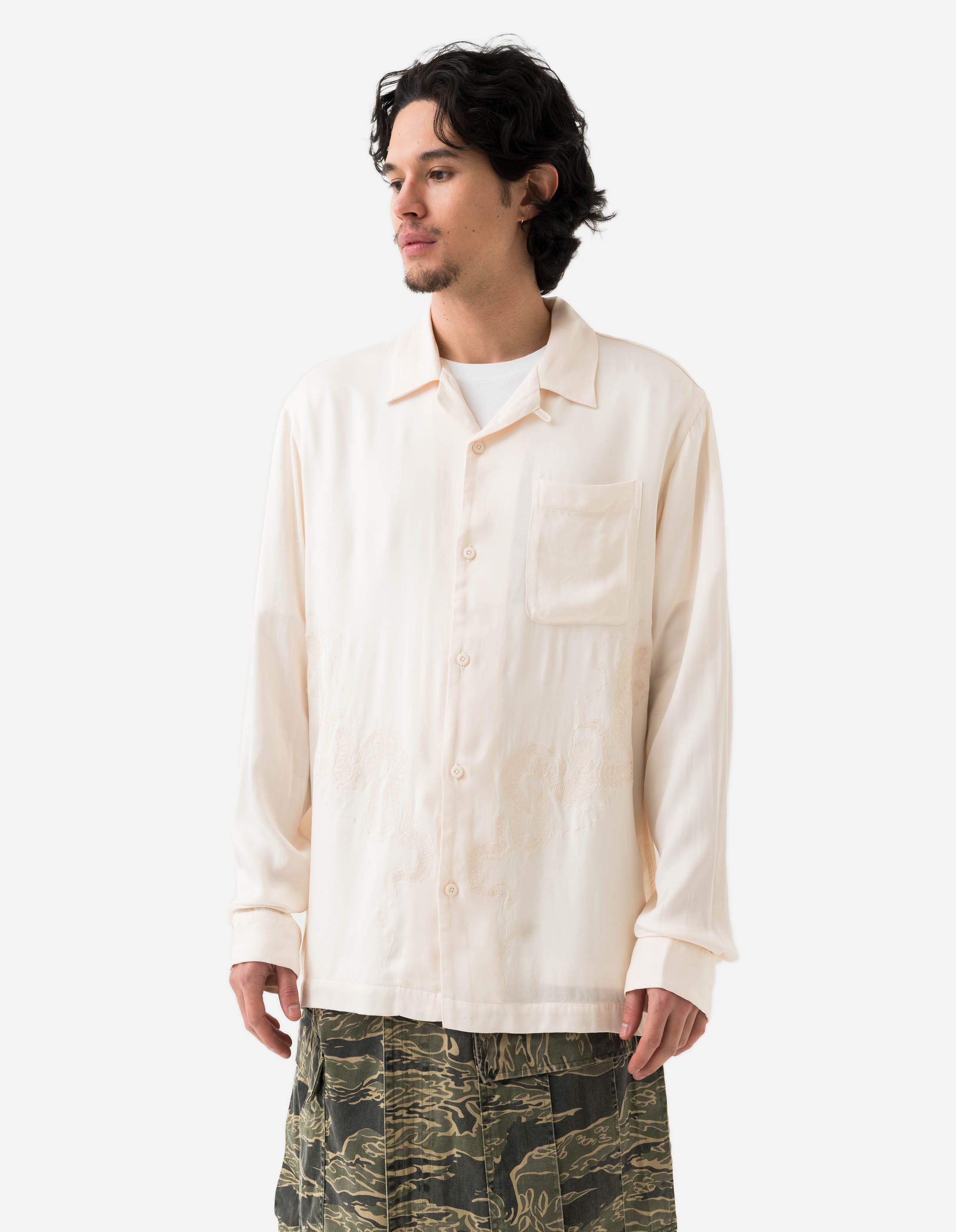 6121 Year of the Snake Cupro Shirt in Ecru - Stylish Asian-Inspired Blouse for Lunar New Year Celebrations & Cultural Events