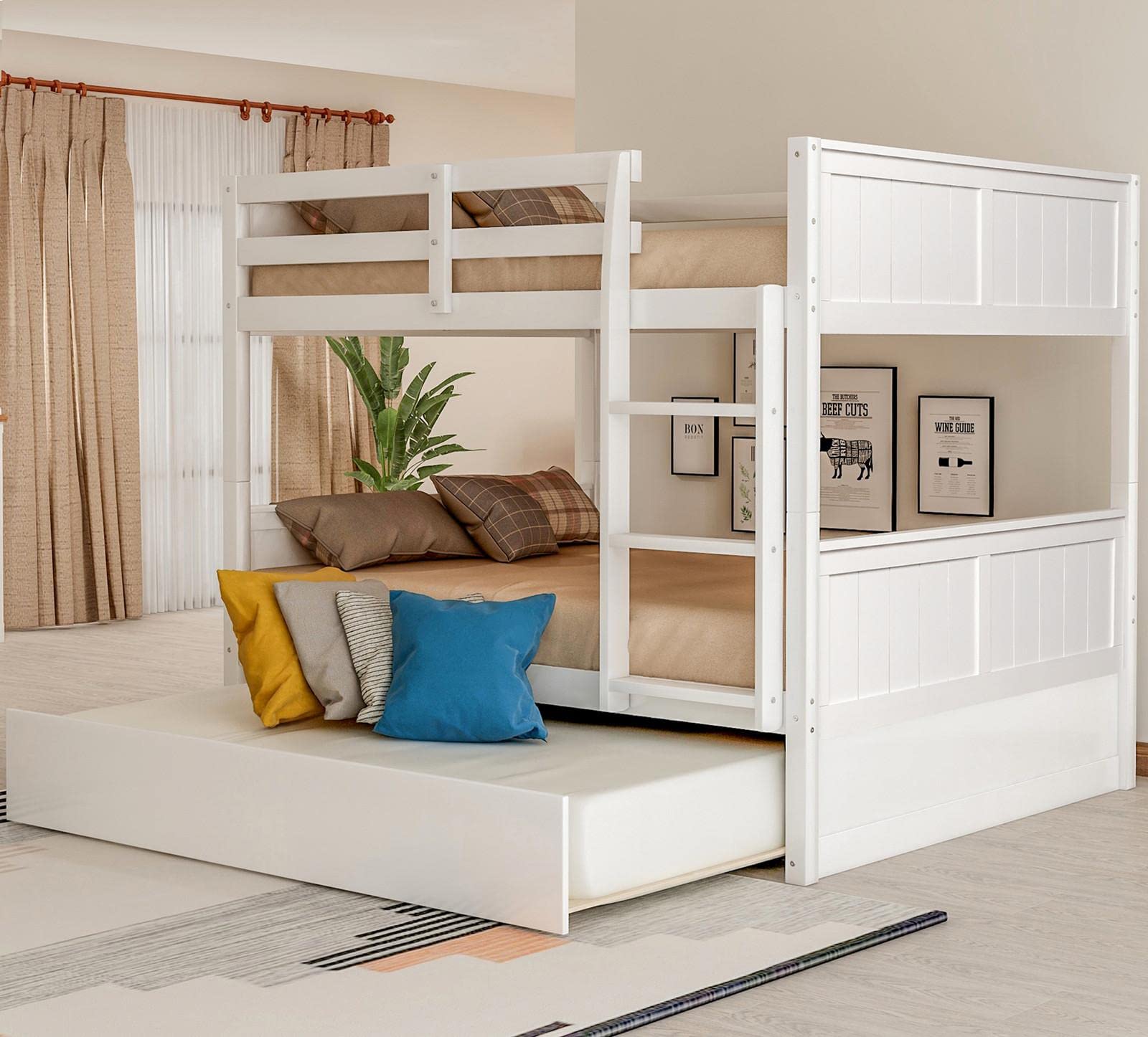 Full Over Full Bunk Bed with Trundle - Convertible Pine Wood Bunk Bed for Kids & Adults - Home & Dorm Use