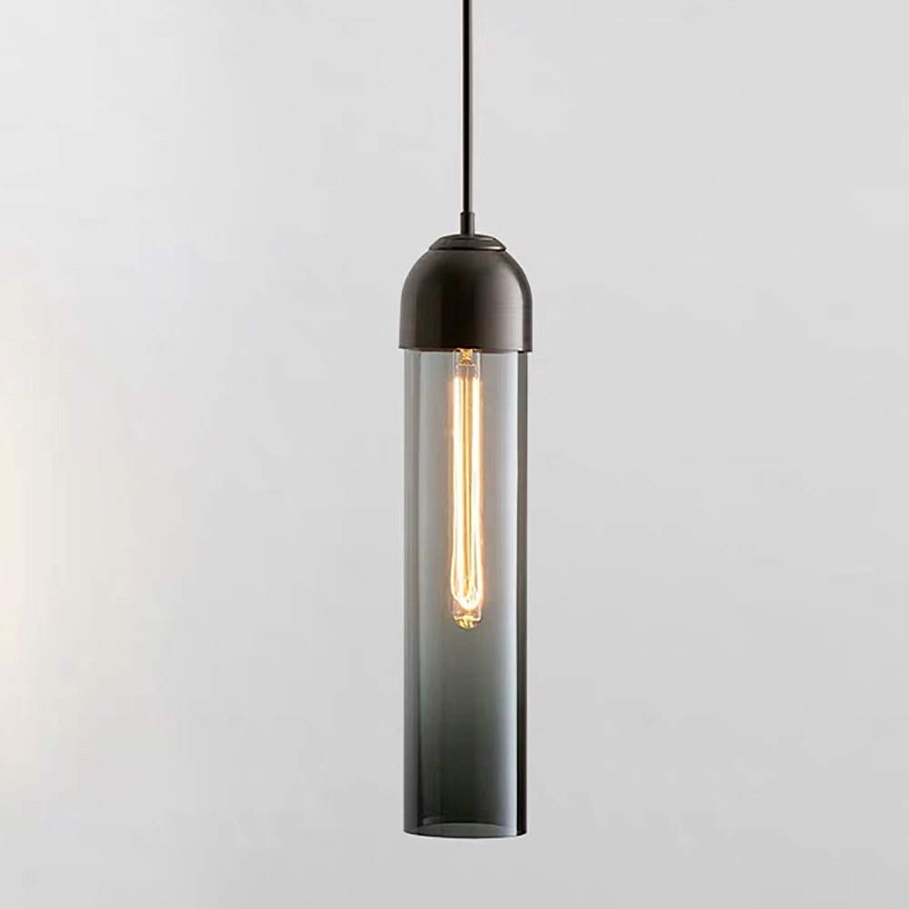 Modern Kitchen Island Pendant Light - Cylindrical Glass Chandelier with Flute Bulb Socket, Smoke Gray | Stylish Ceiling Lighting for Dining Room, Living Room & Bedroom Decor