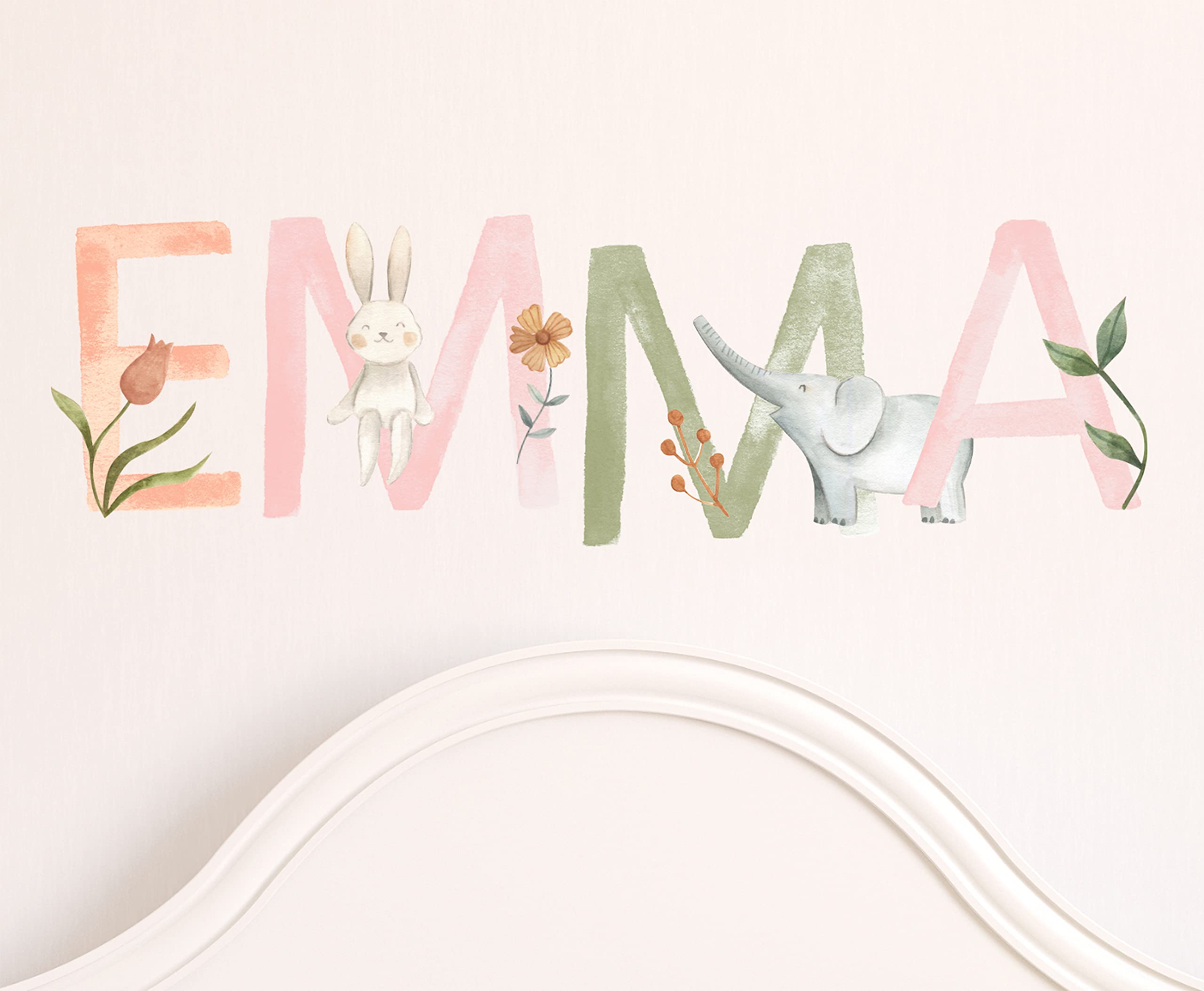 Personalized Watercolor Name Wall Decal - Custom Nursery Decor with Woodland Animals & Flowers for Baby Girls & Boys (Emma) - Perfect for Nursery Room, Bedroom & Kids Playroom Decorations