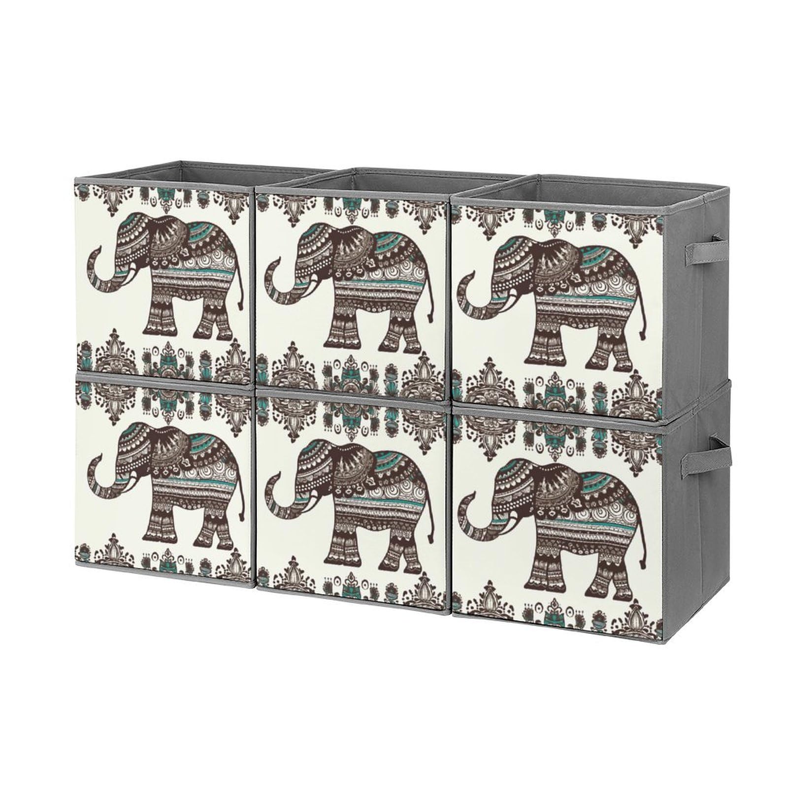 Bohemian Elephant Pattern Collapsible Storage Bins 6-Pack - Large Woven Storage Baskets with Handles for Closet, Bedroom & Nursery Organization - Perfect for Clothes, Toys, Blankets & Home Decor Storage