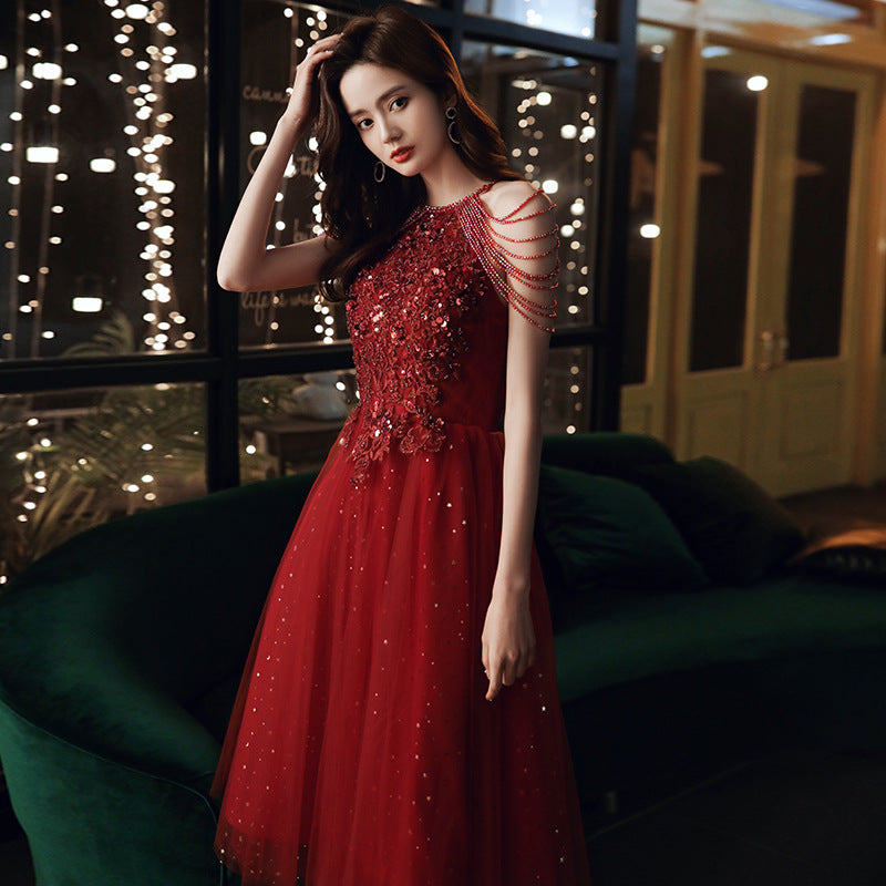 Elegant Burgundy Tulle Prom Dress with Beading - Formal Evening Gown for Homecoming, Quinceañera & Special Occasions
