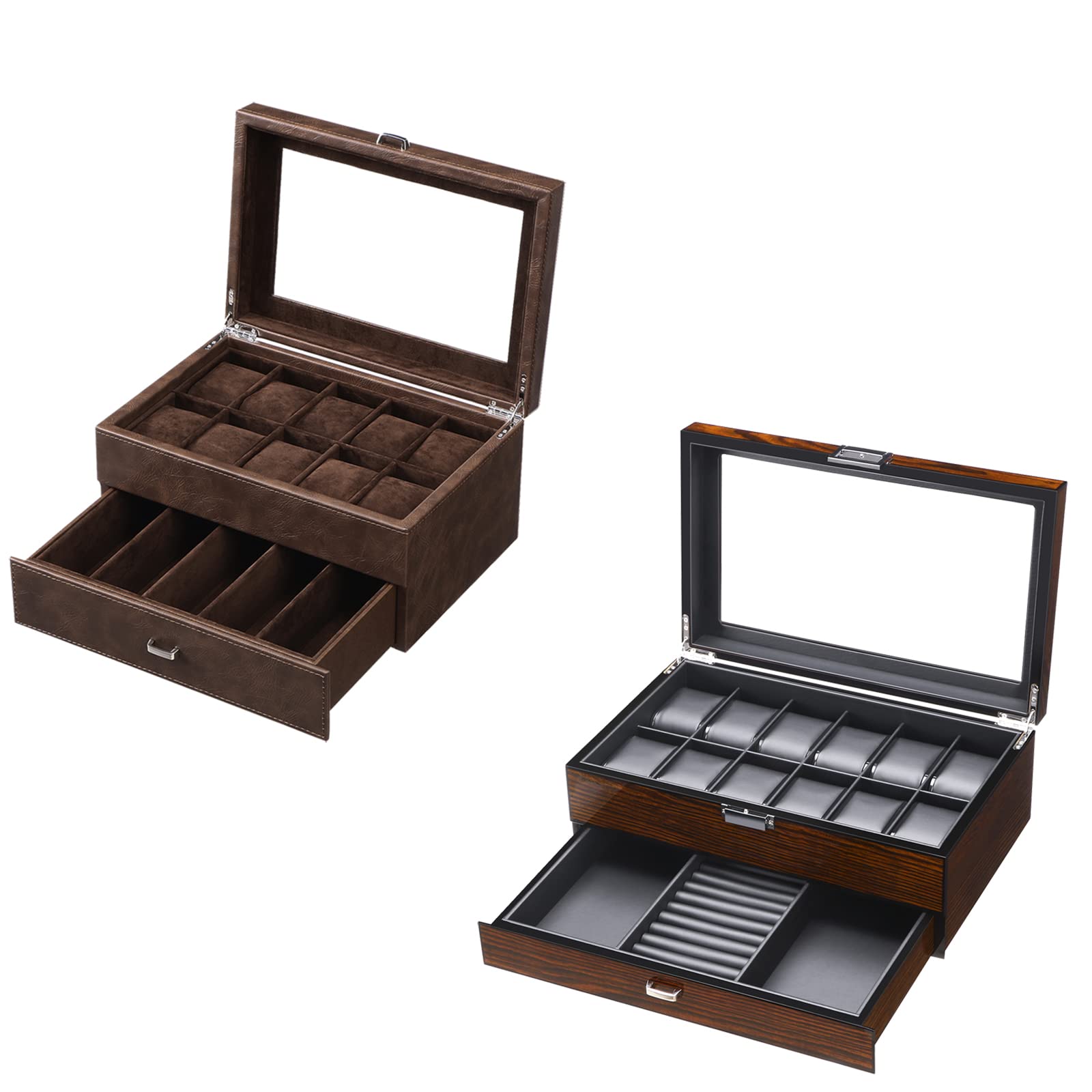 BEWISHOME Luxury 10-Slot Watch Box with Valet Drawer - Premium Watch Organizer Case for Men & Women - Perfect for Travel, Home Storage, and Watch Collection Display