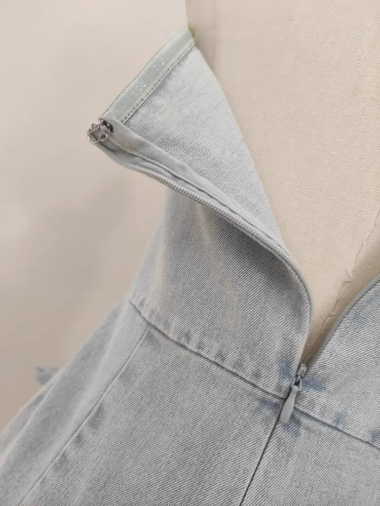 3D Floral Applique Strapless Denim Jumpsuit for Women - Off Shoulder Sleeveless High Waist Romper - Solid Color Full Length Overalls for Summer Outings & Beach Vacations
