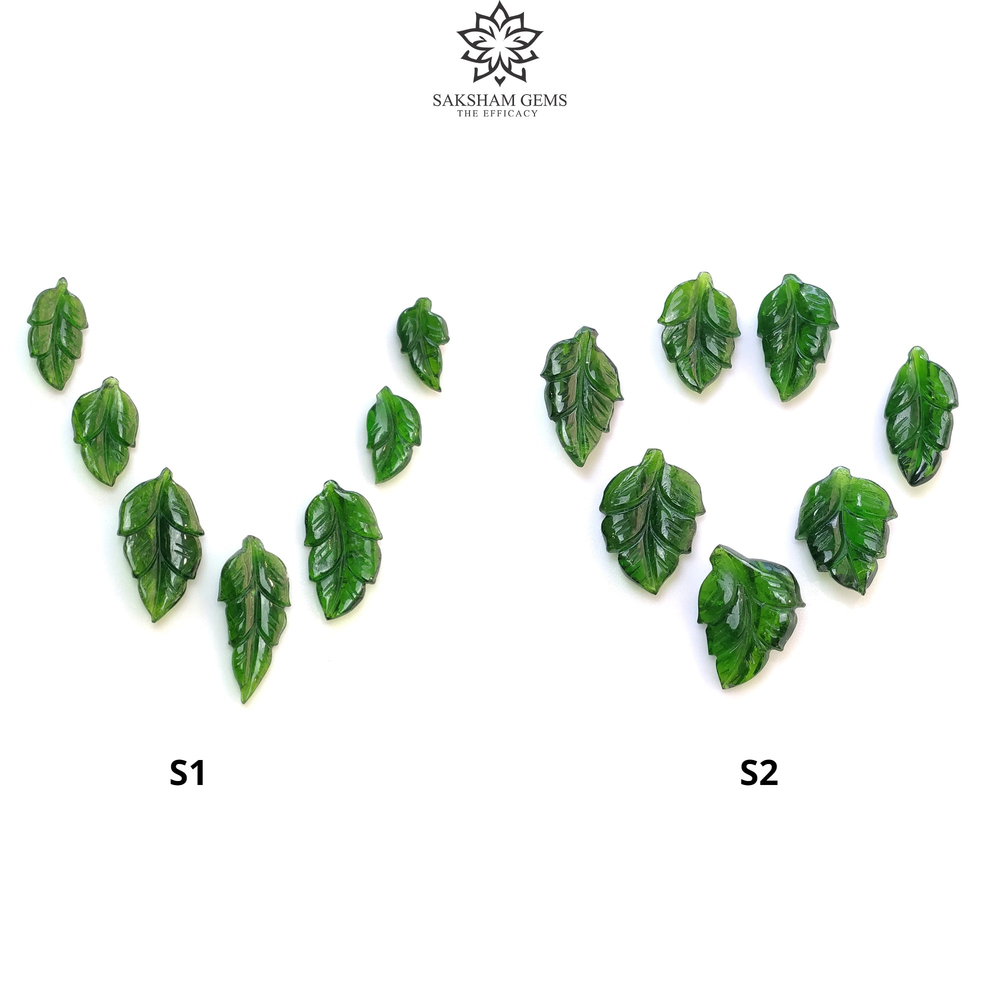 Natural Green Chrome Diopside Gemstone Carving - Hand Carved Leaf Design on Both Sides (7pcs Set) - Perfect for Jewelry Making, Crystal Healing & Spiritual Decor