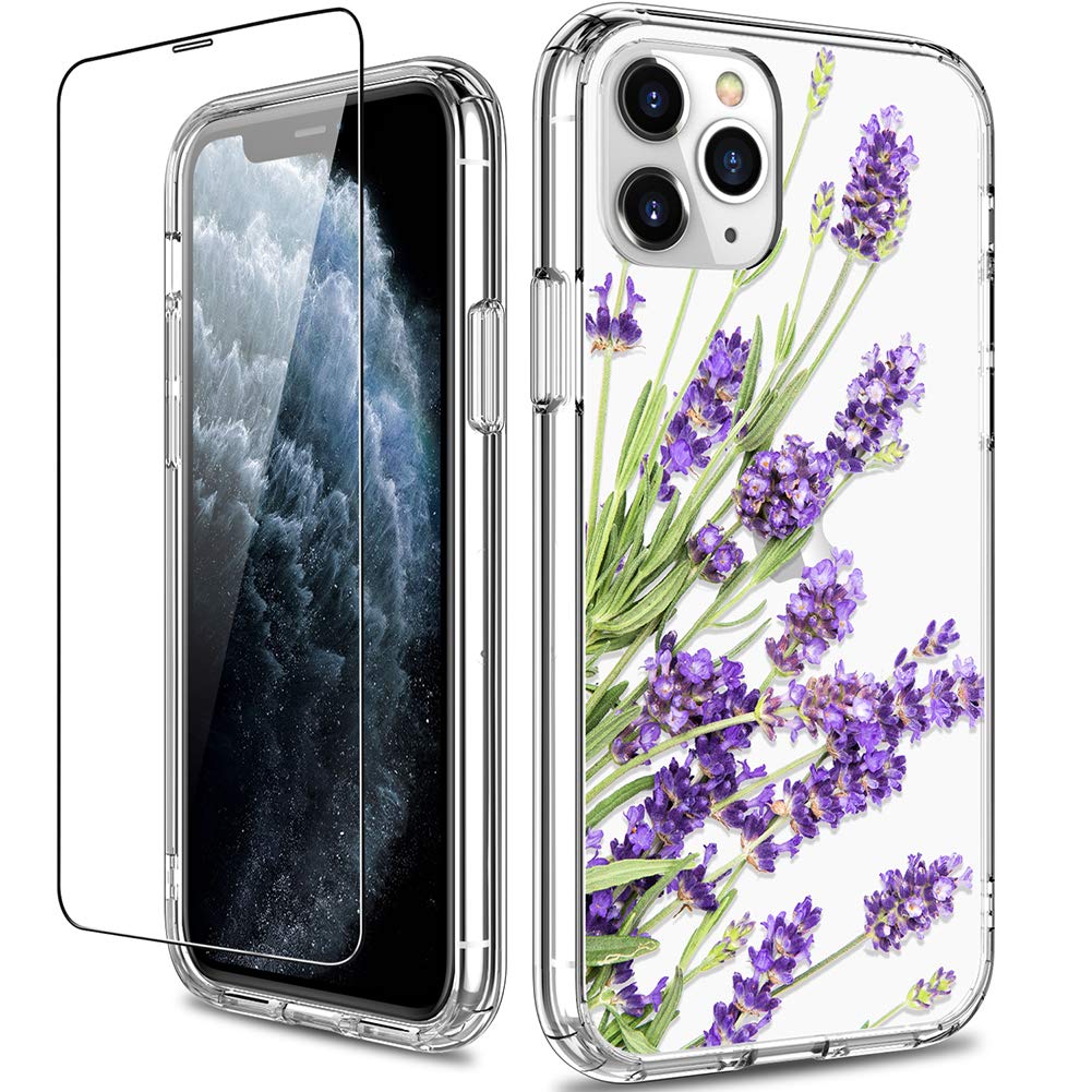 GiiKa Clear Floral Shockproof Hard PC Case with TPU Bumper & Screen Protector for iPhone 11 Pro Max | Protective Phone Cover for Women | Perfect for Everyday Use, Work & Travel - Purple Flowers Design