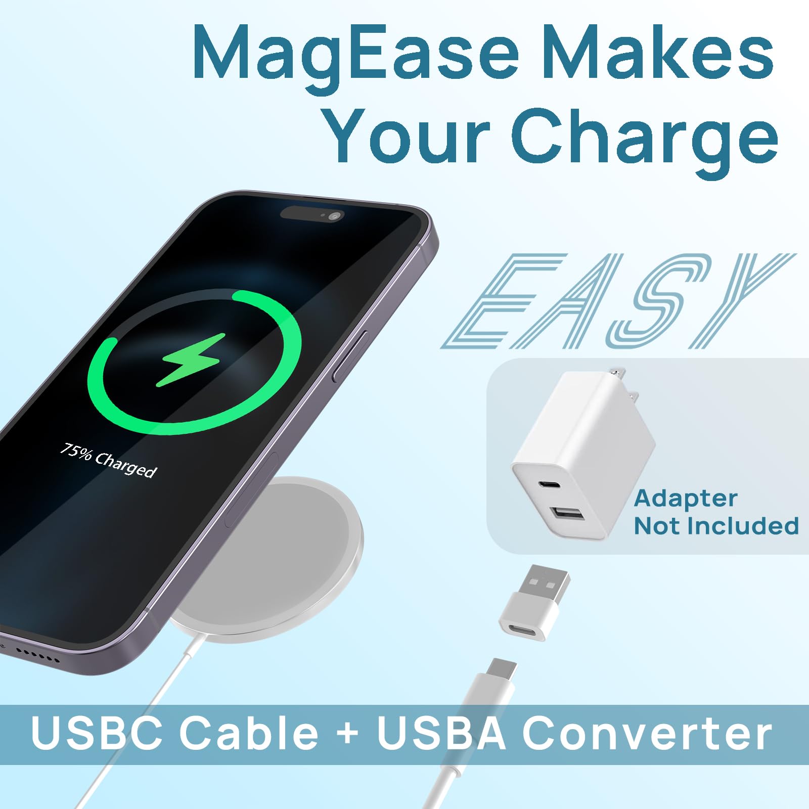 MagEase 15W Magnetic Wireless Charger for iPhone 16/15/14/13/12 Series & AirPods 3/2/Pro - Fast Charging Pad with USB-C Cable & USB-A Adapter (White) | Perfect for Home, Office & Travel Charging