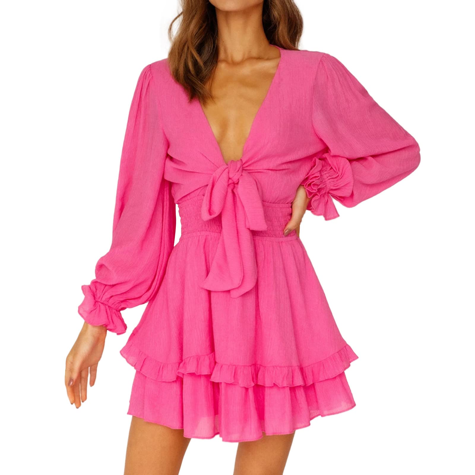 Women's Floral Print V-Neck Ruffled Long Sleeve Swing Mini Dress - Knot Front Summer Wolf Dress for Casual Outings, Dates & Parties