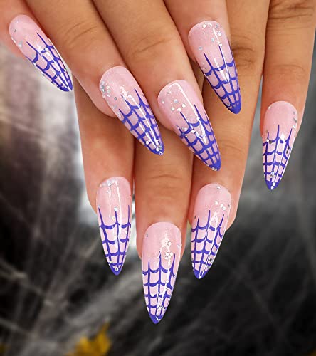 Morily 24Pcs Halloween Press on Nails - Pink & Purple Spider Web Glitter Fake Nails, Medium Length Glossy Almond Acrylic False Nails for Women | Perfect for Halloween Parties, Costume Events & Spooky Nail Art