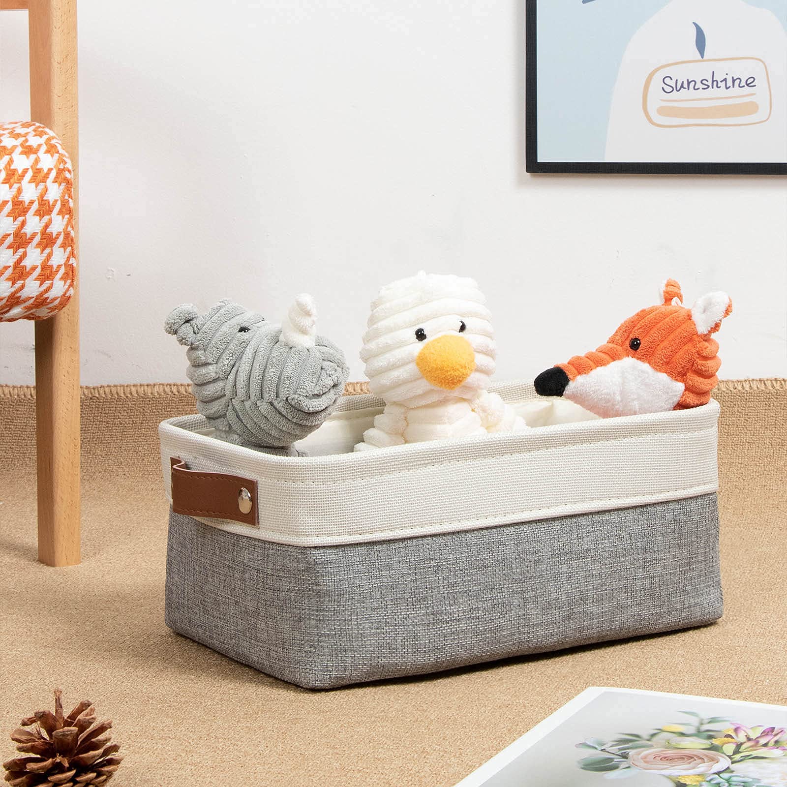 DULLEMELO Collapsible Fabric Storage Baskets - Foldable Organizer Bin for Shelves, Closets, Laundry & Nursery | Decorative Gift Basket in White & Gray | Perfect for Home Organization & Baby Room Storage