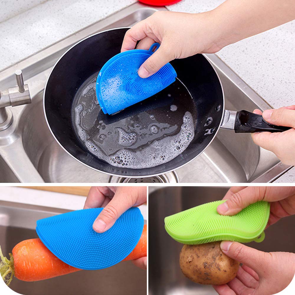 3 Pack Microwave Potato Cooking Bags with Silicone Vegetable Scrubber Brush - Reusable Baked Potato Pouch & Multi-Purpose Silicone Dish Sponge for Kitchen Cleaning (Red) - Perfect for Quick Meals, Healthy Cooking & Easy Cleanup