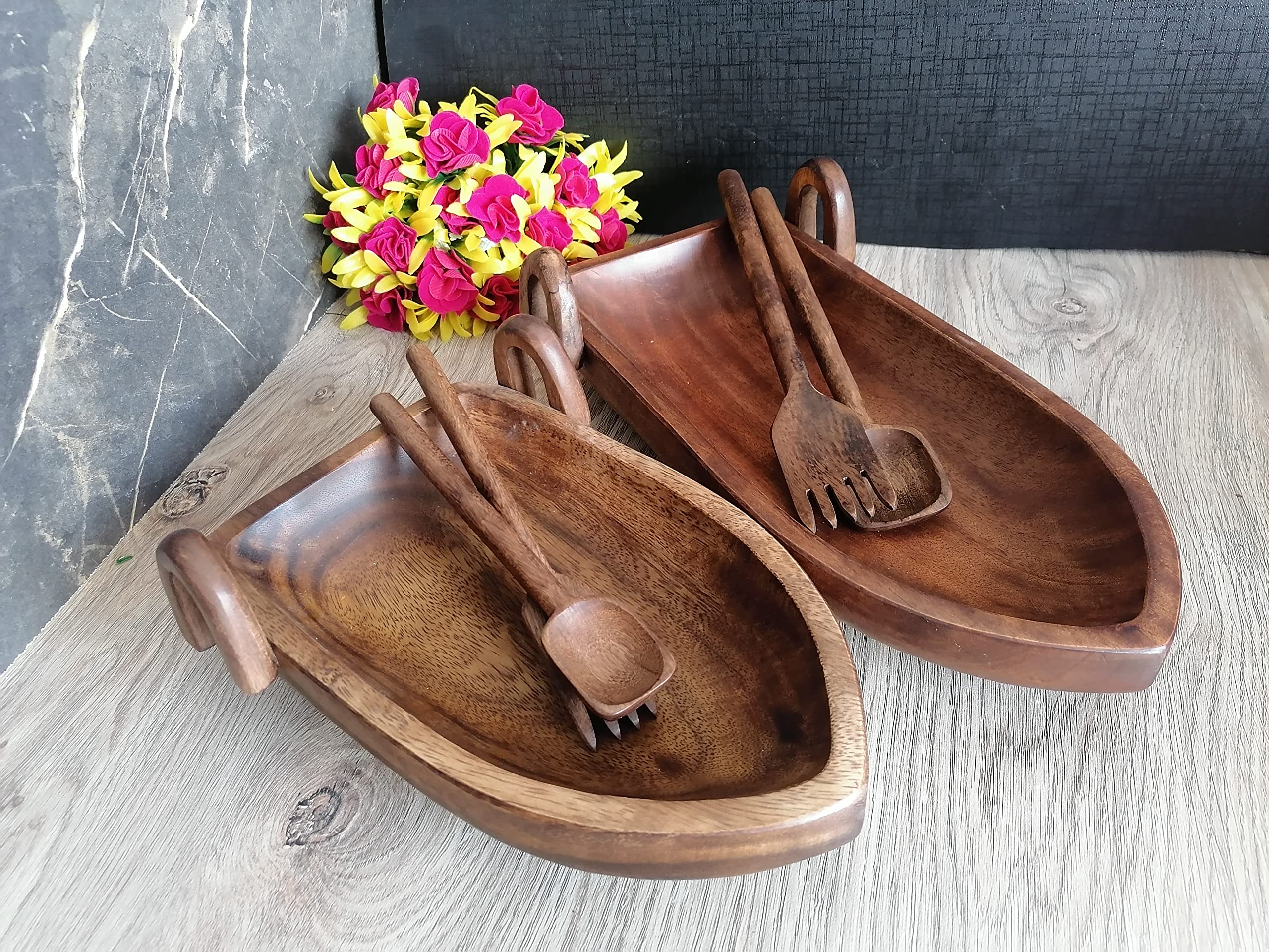 Premium Set of 2 Acacia Wood Serving Trays - Natural Brown Wooden Boat-Shaped Platters for Fruits, Salads, Snacks, Charcuterie & Appetizers | Includes 2 Forks & Spoons (10