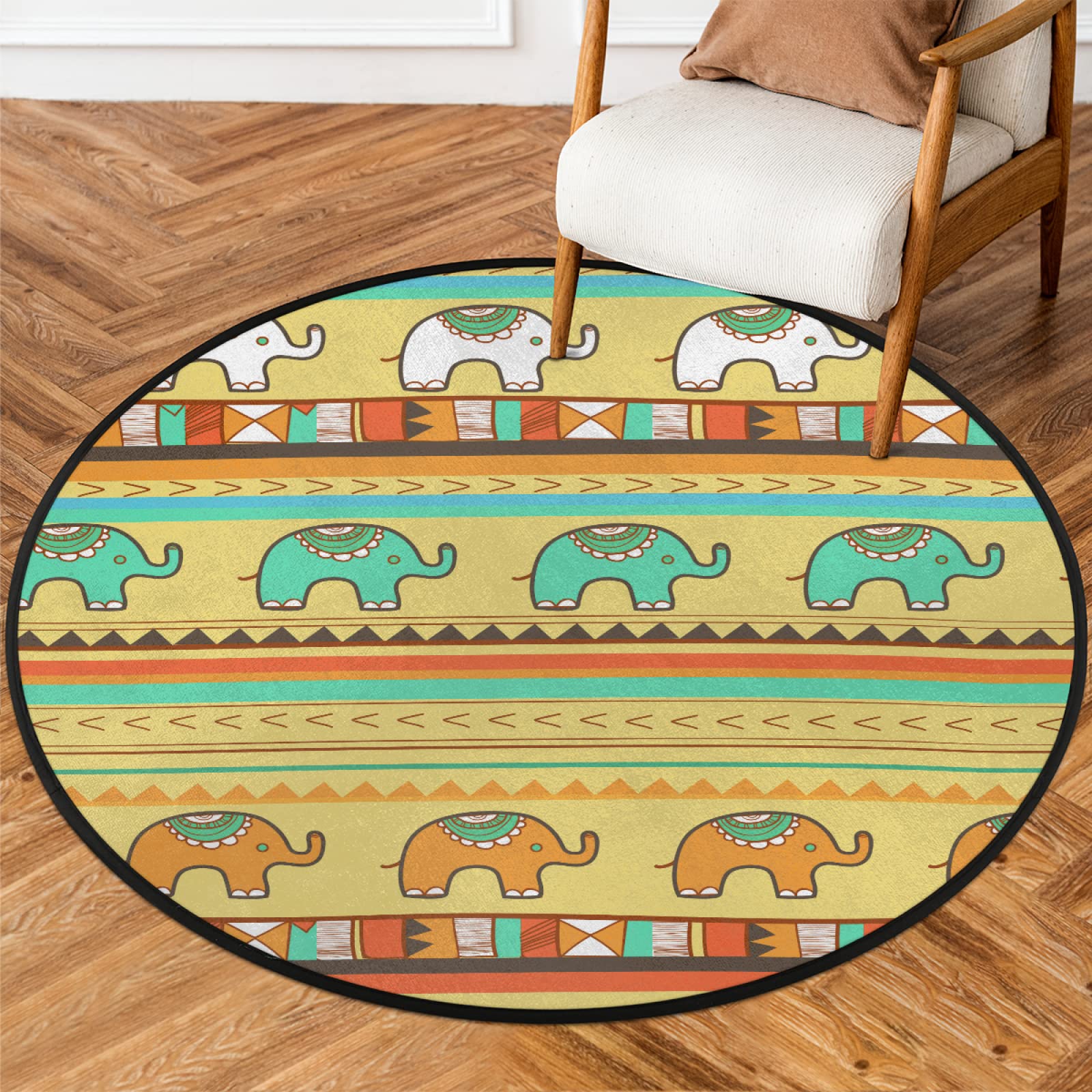 Vintage Tribal Elephant Print Round Rug 5'4