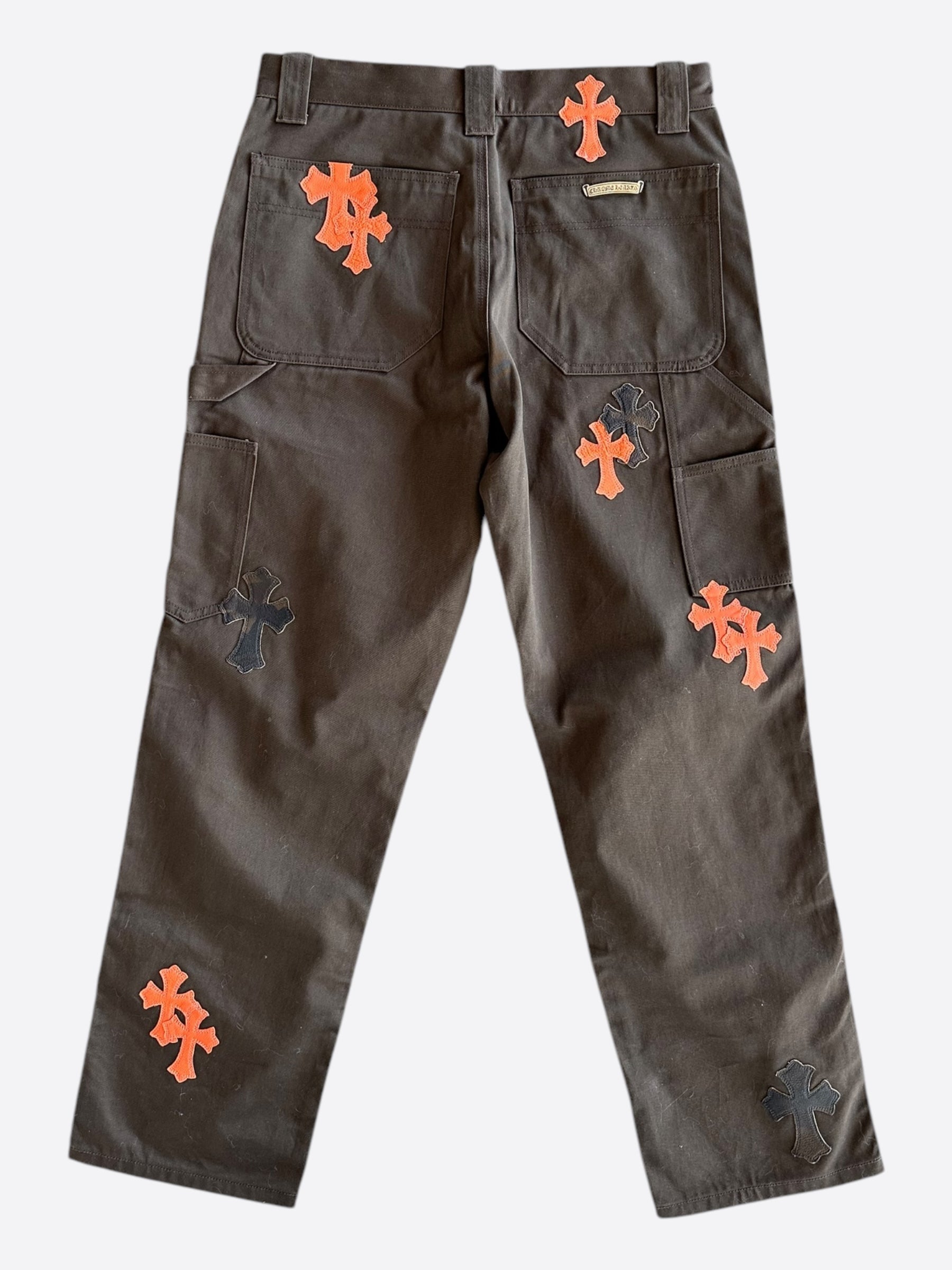 Chrome Hearts Brown & Orange Cross Patch Carpenter Jeans - Stylish Distressed Denim Pants for Men | Perfect for Streetwear & Casual Outfits