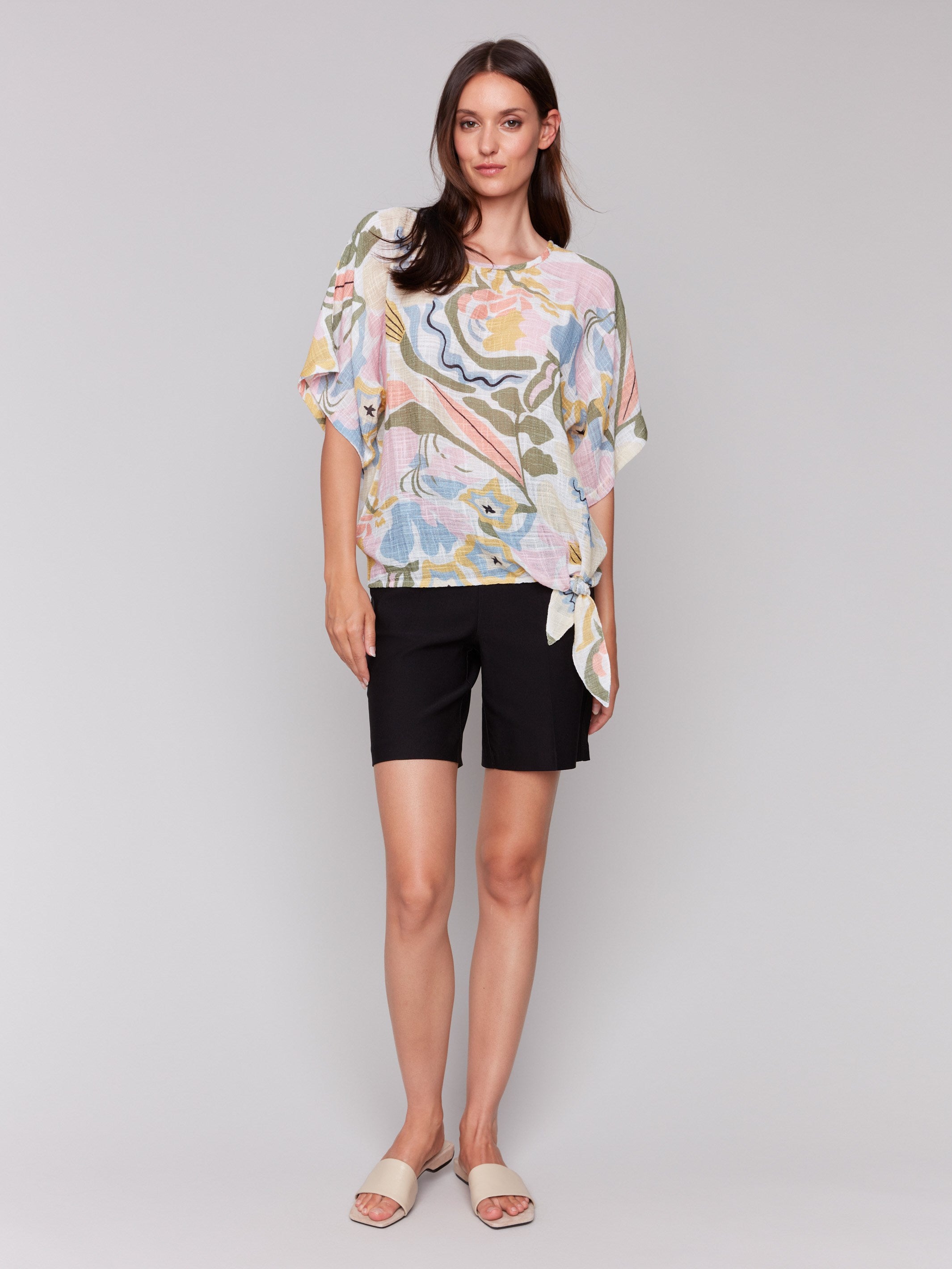 Printed Cotton Gauze Blouse with Side Tie - Soft Pastel Colors for Women | Perfect for Spring Outfits, Casual Wear & Boho Style Fashion