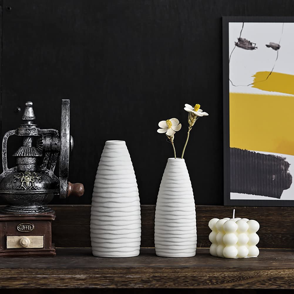 Modern White Ceramic Flower Vases Set of 2 - Elegant Home Decor for Living Room, Rustic Centerpiece, Dry Flower Arrangement & Photo Shoot Props - Perfect Housewarming Gift for Wedding, Birthday & Holiday