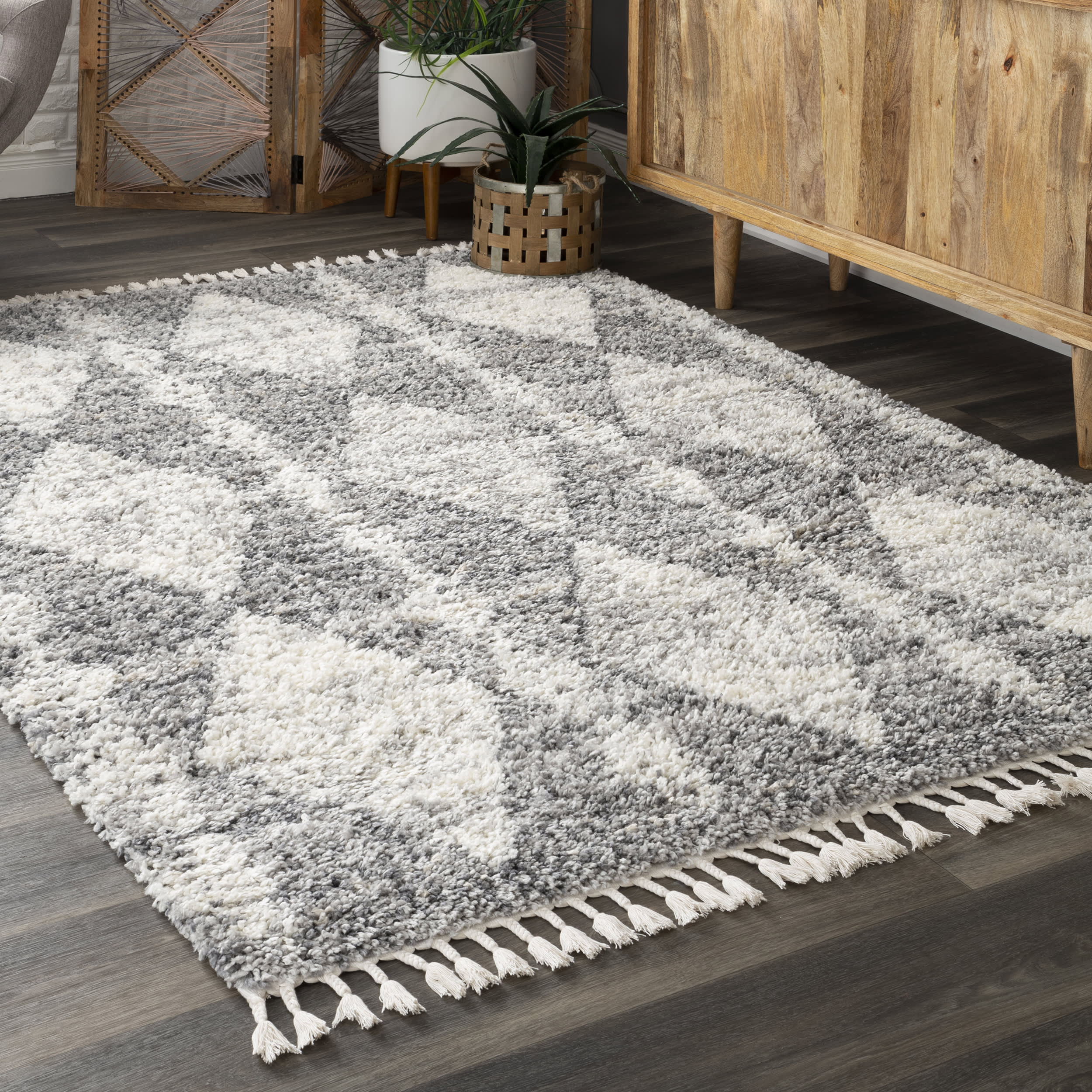 Luxury Diamond Band Tassel Area Rug - Soft Grey Bohemian Chic Home Decor for Living Room, Bedroom & Nursery