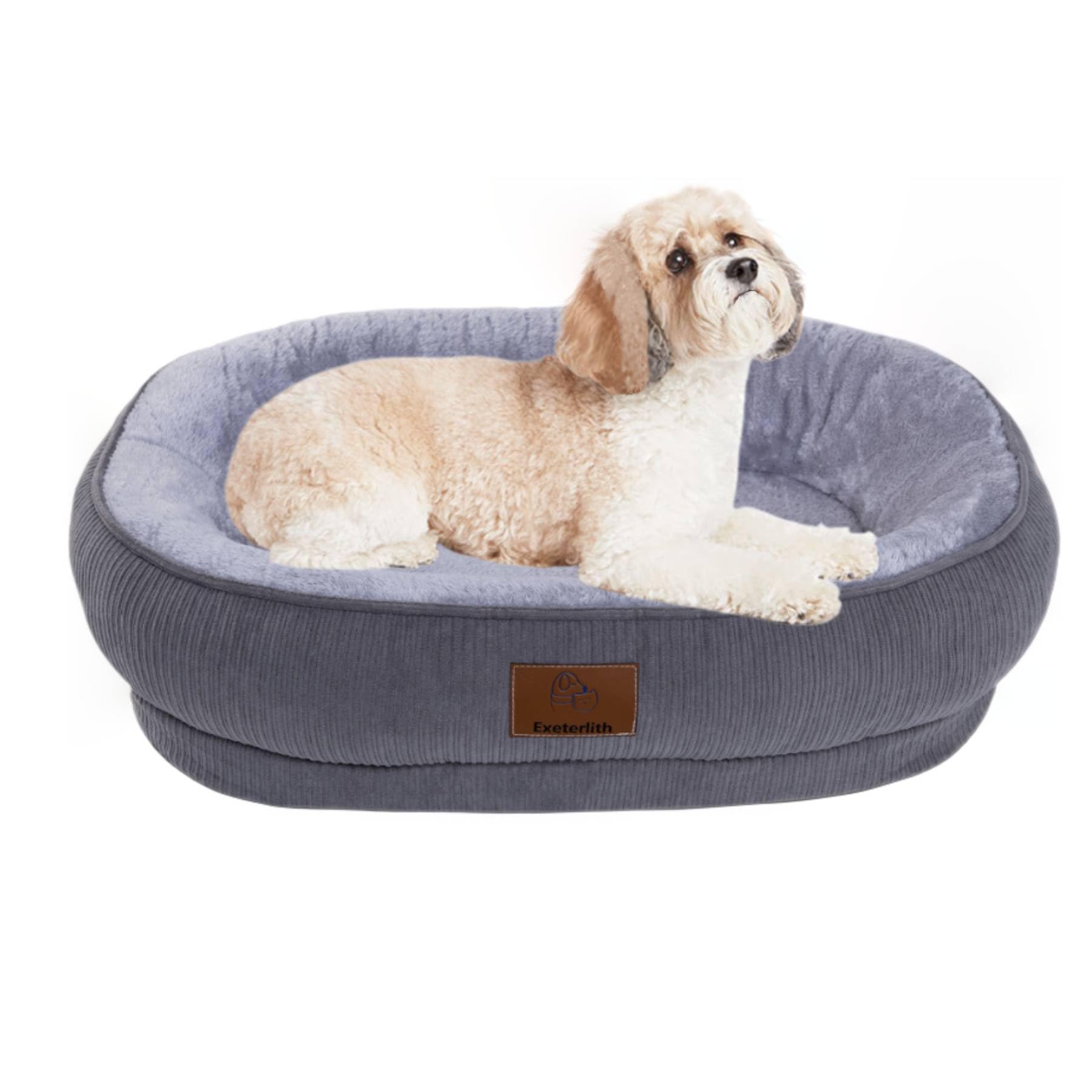 Round Calming Bolster Dog Bed with Removable Washable Cover - Medium & Small Dog Sofa Bed for Puppies (Grey, 25.6'' x 21.6'' x 6.3'') - Perfect for Crates, Living Rooms & Pet Anxiety Relief