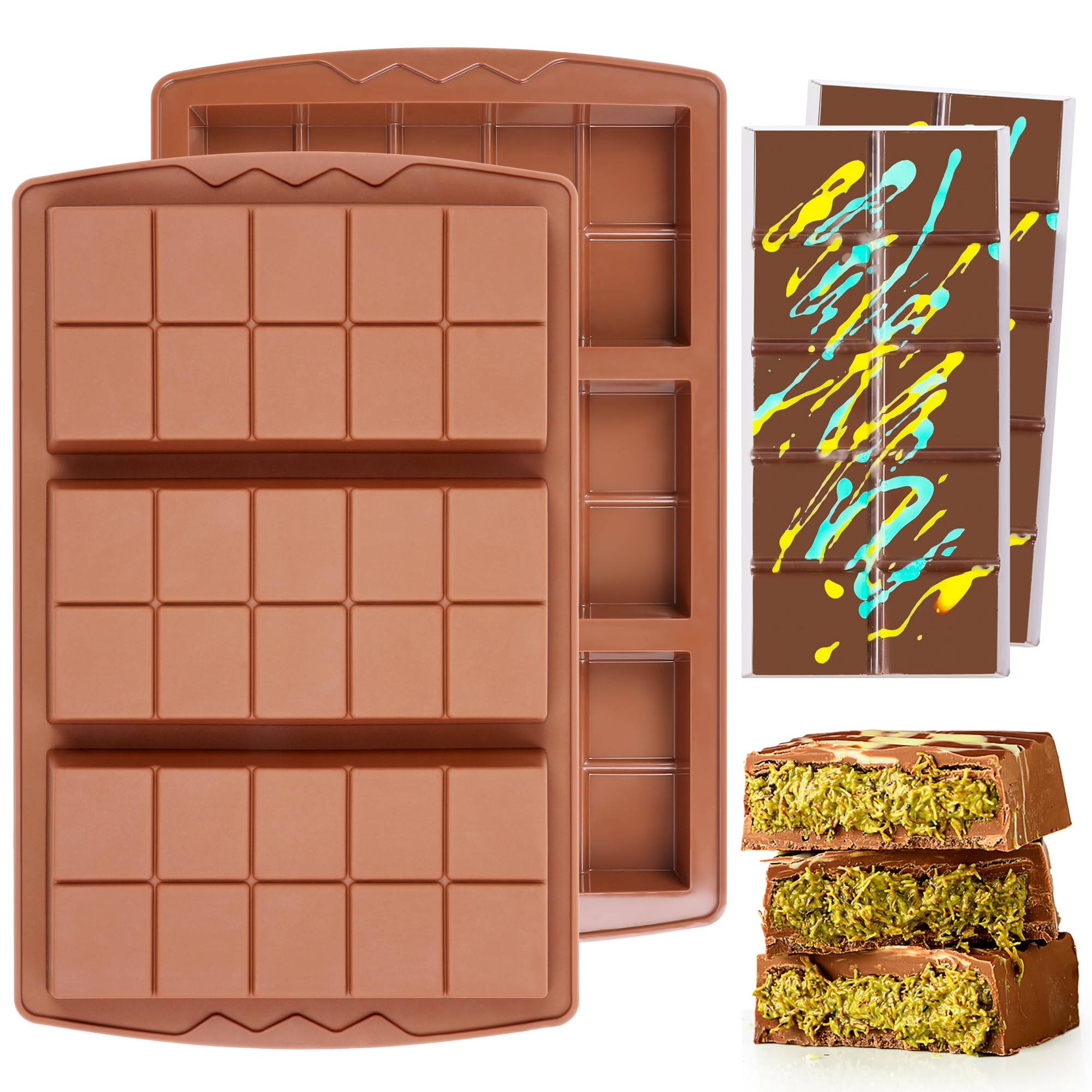 2 Pcs Dubai Chocolate Bar Mold - Deep Stuffed Silicone Molds for Filling Knafeh, Pistachio, Chocolate Bars - Large Thick Candy Bar Molds with 10 Break-Apart Sections - Perfect for Homemade Desserts, Party Favors, and Gourmet Chocolate Making