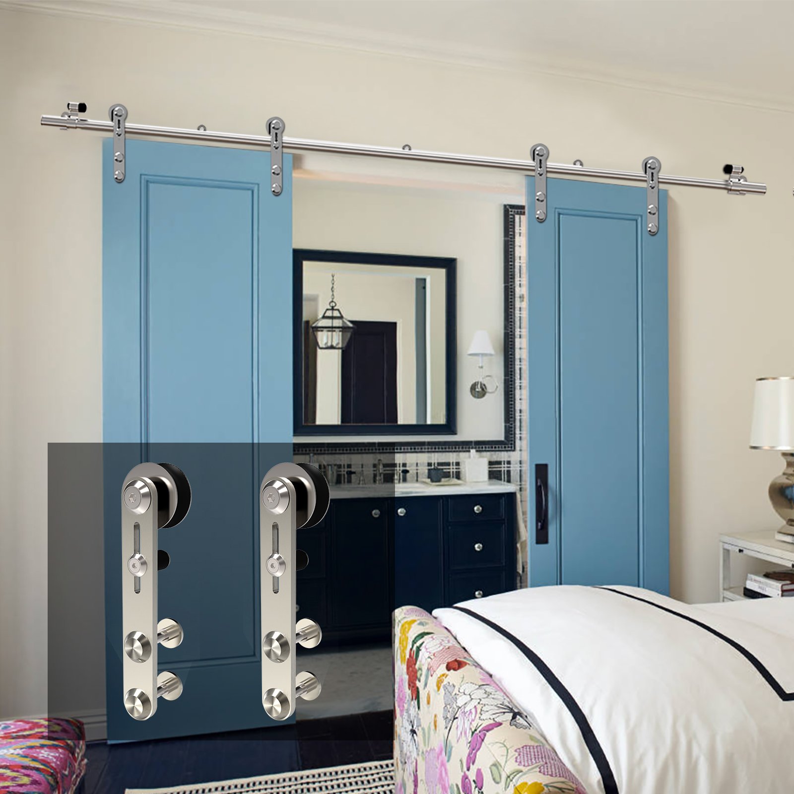 14FT Heavy Duty Stainless Steel Sliding Double Barn Door Hardware Track Kit - Easy Installation with Round Hangers | Perfect for Farmhouse, Industrial & Rustic Home Decor