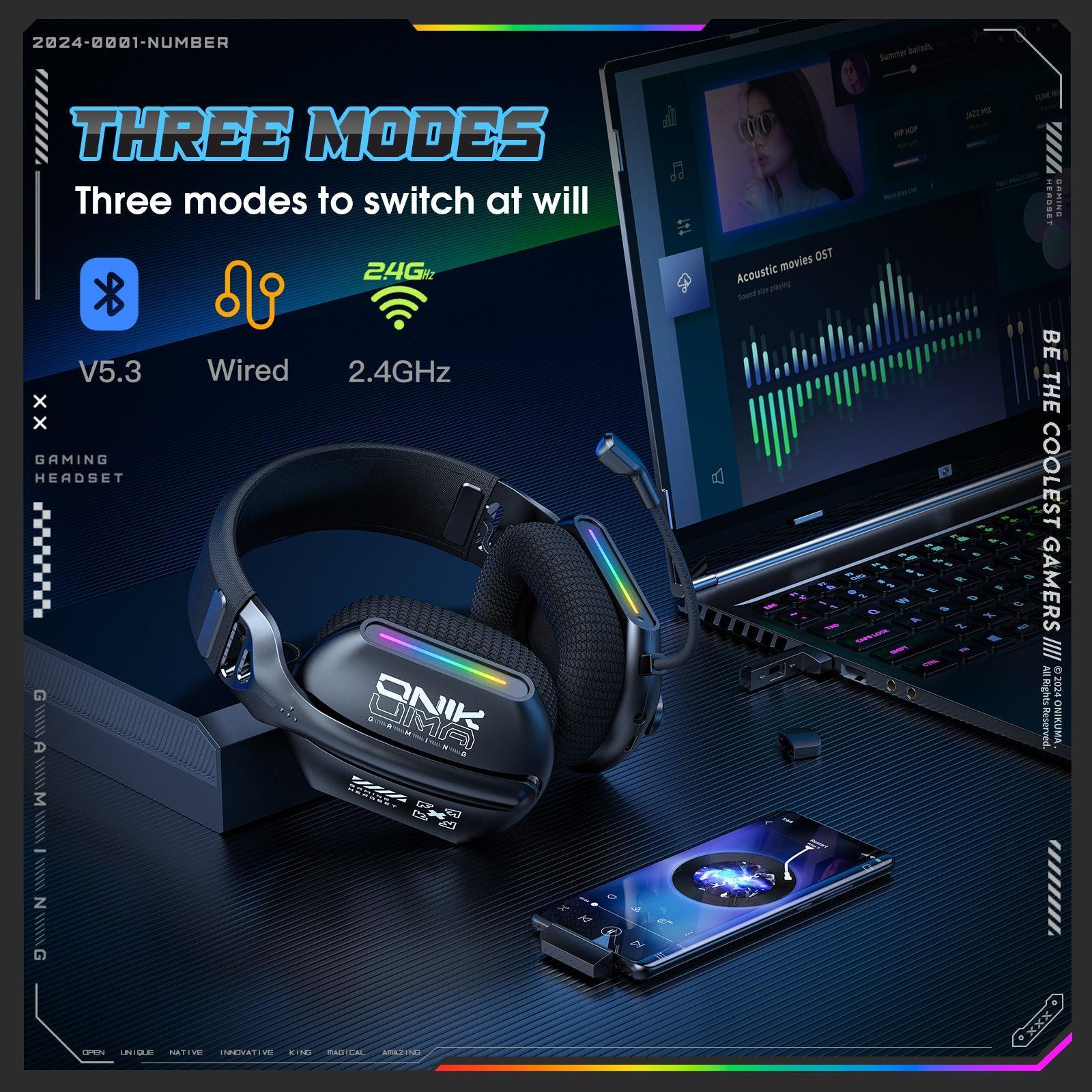 ONIKUMA GT808 Wireless Gaming Headset with Bluetooth & 2.4G Dual Mode, Lightweight Over-Ear Headphones for PC, PS4, Xbox - Perfect for Esports, Streaming & Long Gaming Sessions