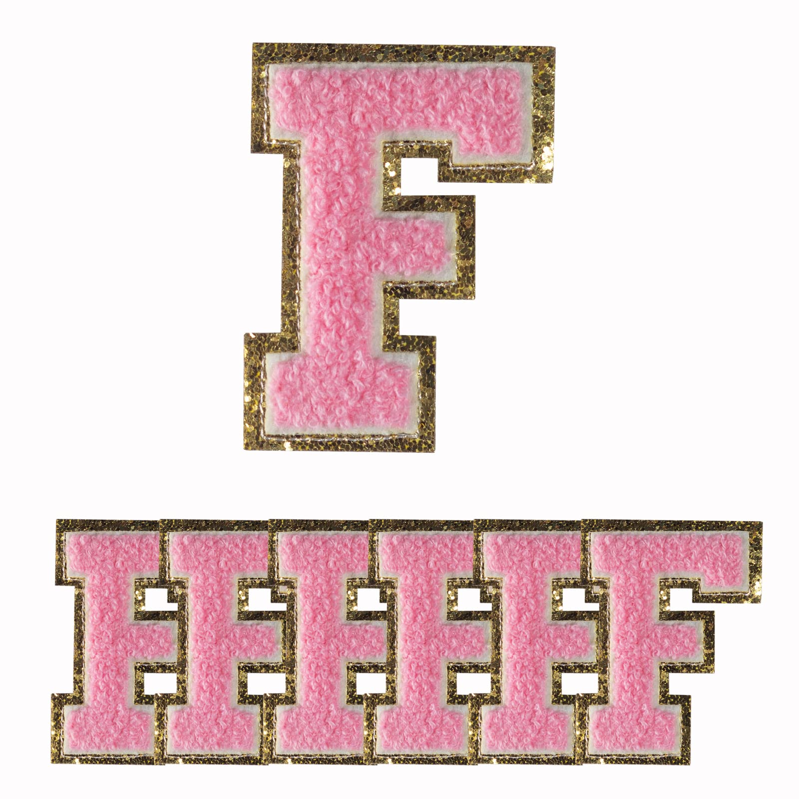 6 PCS Chenille Letter Patches - Pink Gold Glitter Embroidered Iron-On Letters (3.1in Height Letter F) for Hats, Shirts, Shoes, Jeans & Bags - DIY Customization for Sports Teams, Gifts & Fashion Accessories