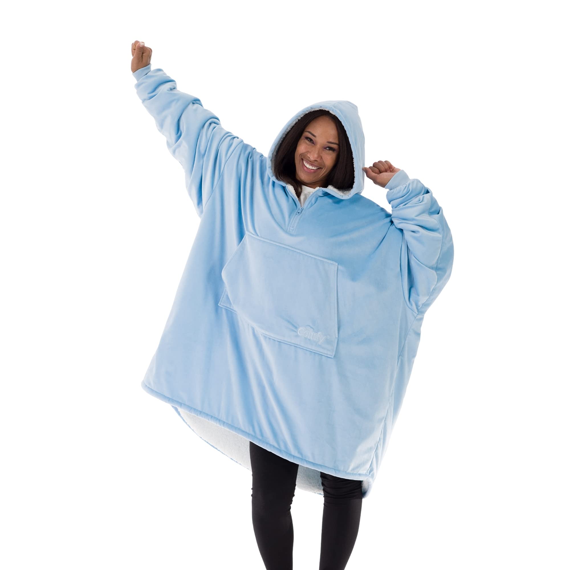 The COMFY Original Quarter-Zip Wearable Blanket - Extra Long Sherpa-Lined Microfiber Fleece with Hood & Pocket | Oversized Unisex Design for Women & Men | Shark Tank Featured | Perfect for Lounging, Movie Nights & Cold Weather Comfort