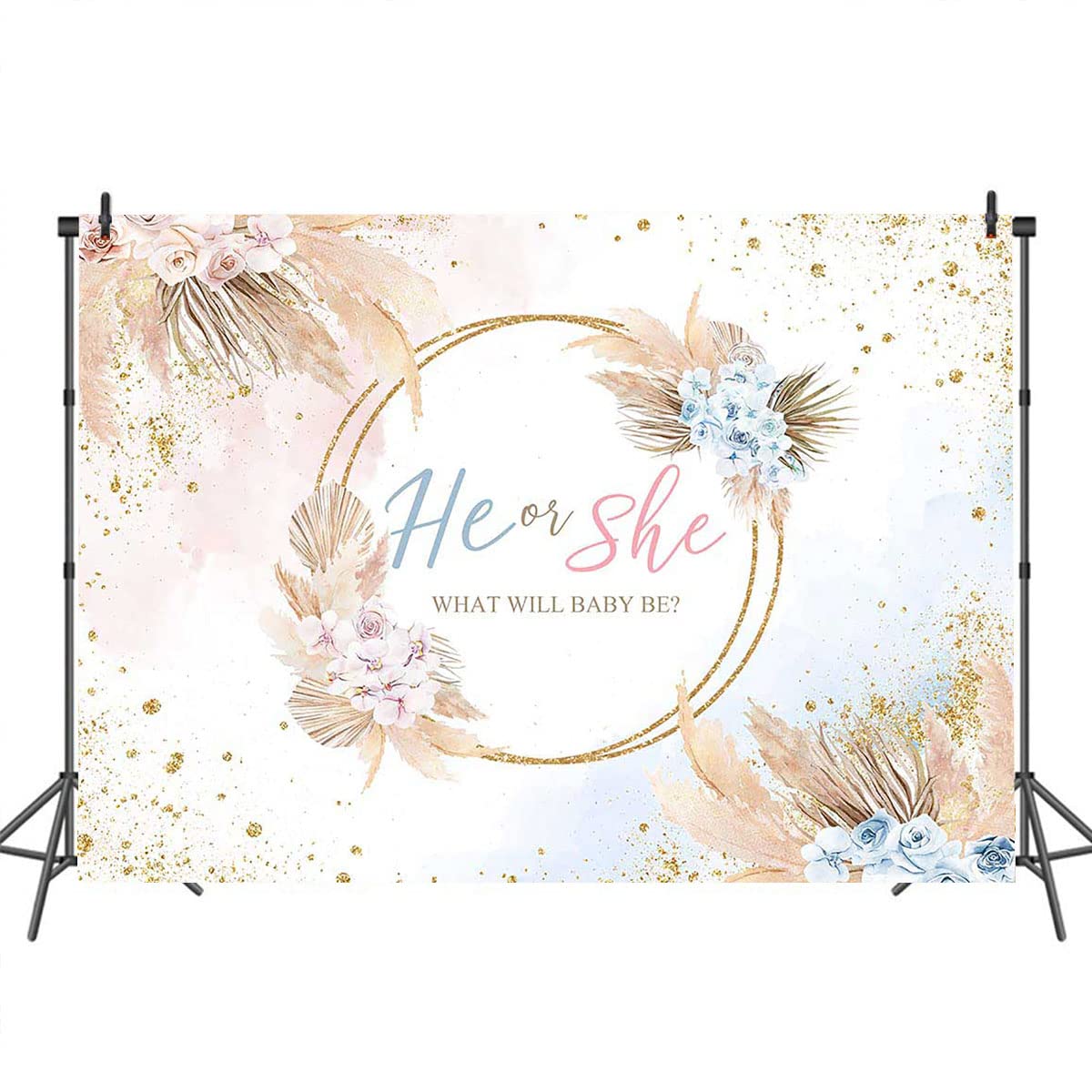 7x5ft Mocsicka Boho Gender Reveal Backdrop - Blue & Pink Vinyl Party Decor for Baby Shower, Gender Reveal Party, Nursery Decor - Boy or Girl Celebration Background