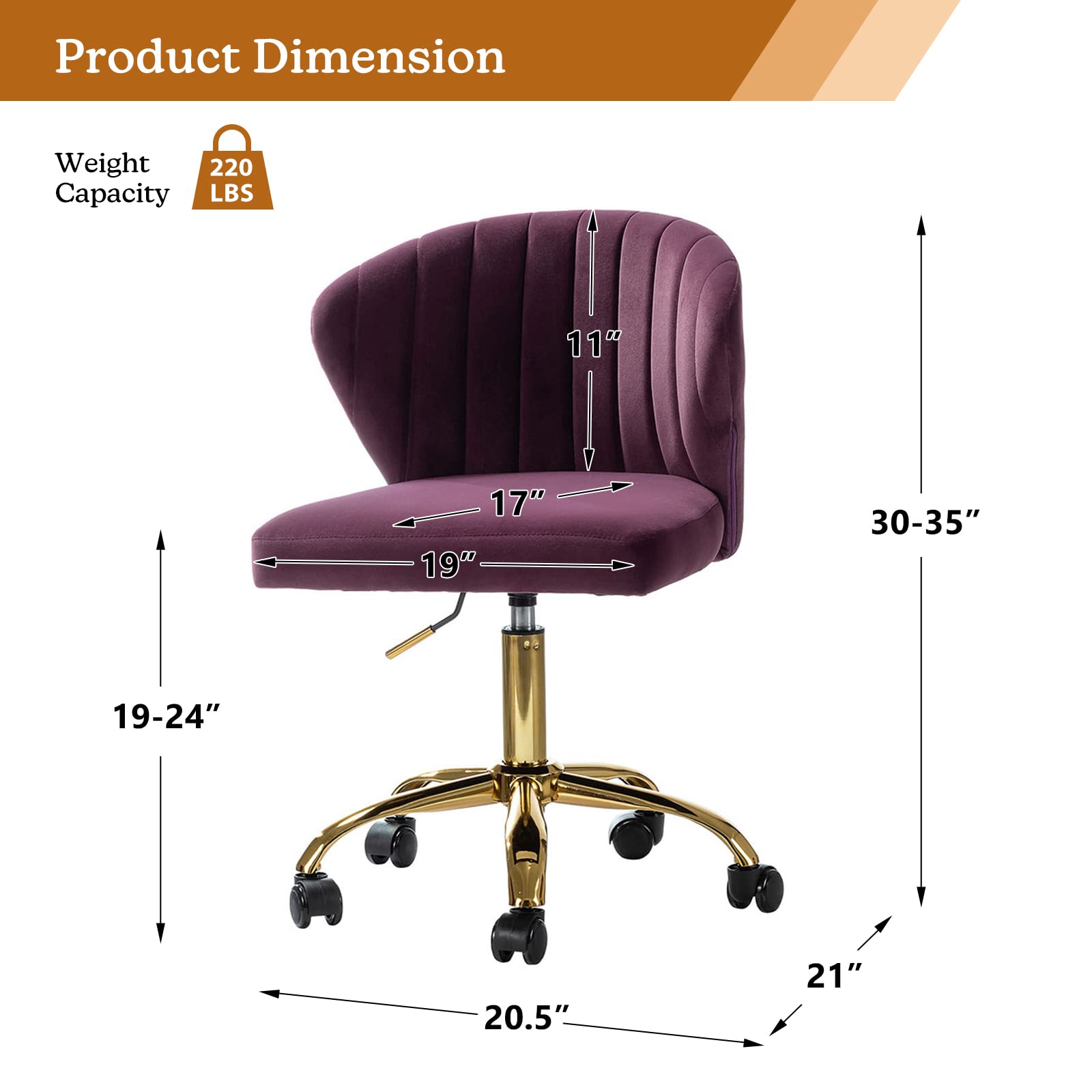 TINA'S HOME Modern Velvet Office Chair with Wheels & Gold Base - Adjustable Low Back Swivel Rolling Task Chair for Home Office, Living Room, Vanity & Study (Purple) - Ergonomic Armless Design for Comfortable Workspace & Study Sessions