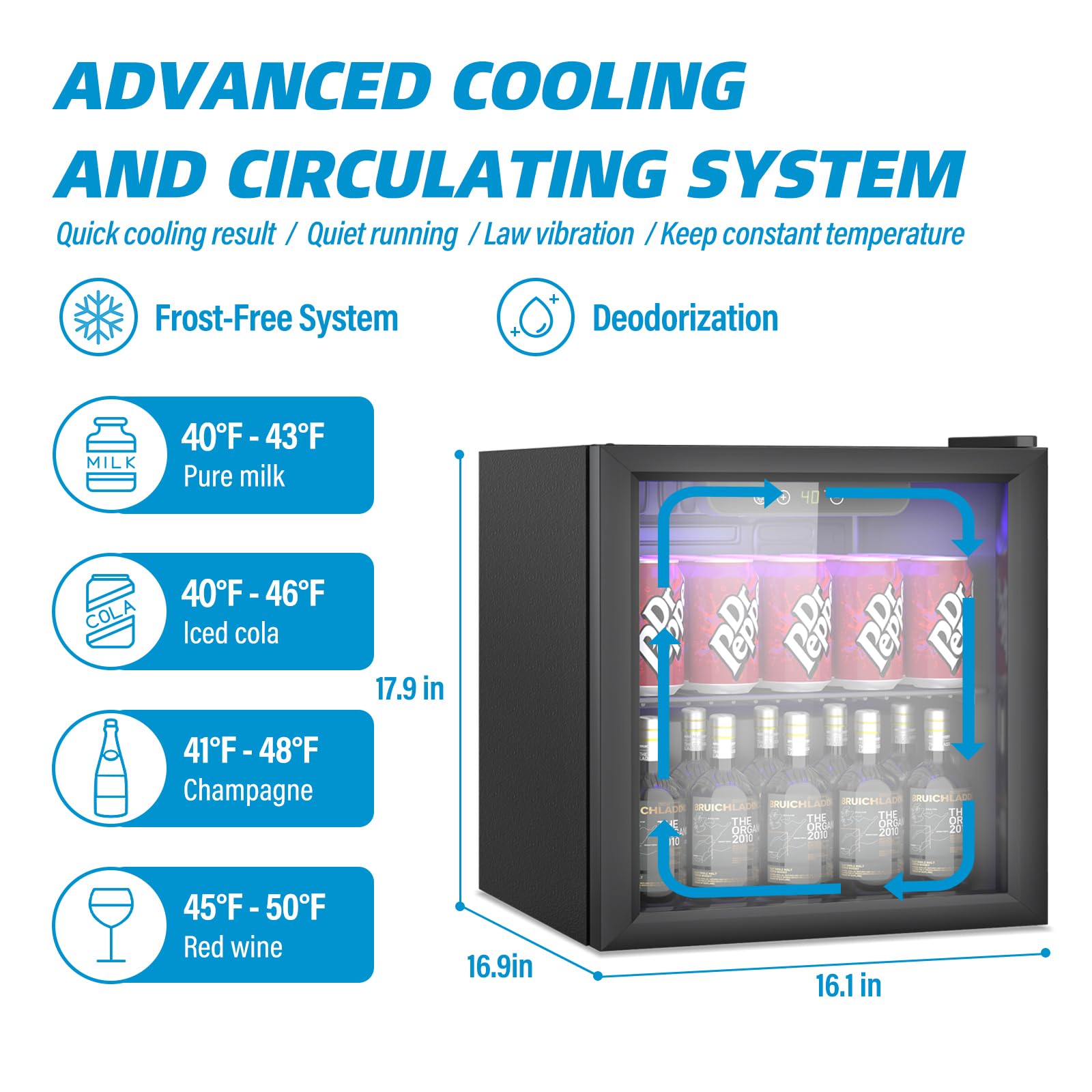 60 Can Mini Fridge - 1.3 Cu Ft Compact Beverage Cooler with Glass Door, Adjustable Shelves & Digital Display for Soda, Beer, Wine - Perfect for Home Bar, Office, Dorm Room or Under Counter Use