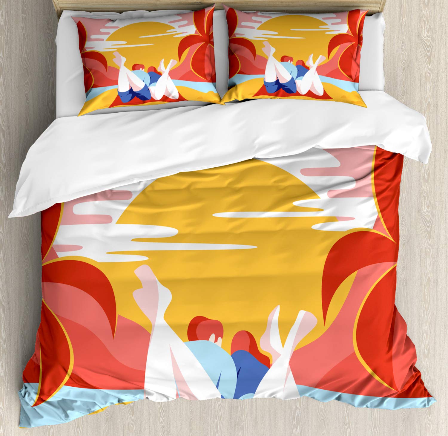 Ambesonne Beach Duvet Cover Set - Colorful Summer Romance Cartoon Design with Young Couple, Palm Trees & Ocean - 3 Piece King Size Bedding Set with 2 Pillow Shams - Perfect for Coastal Bedrooms, Vacation Homes & Tropical Themed Decor