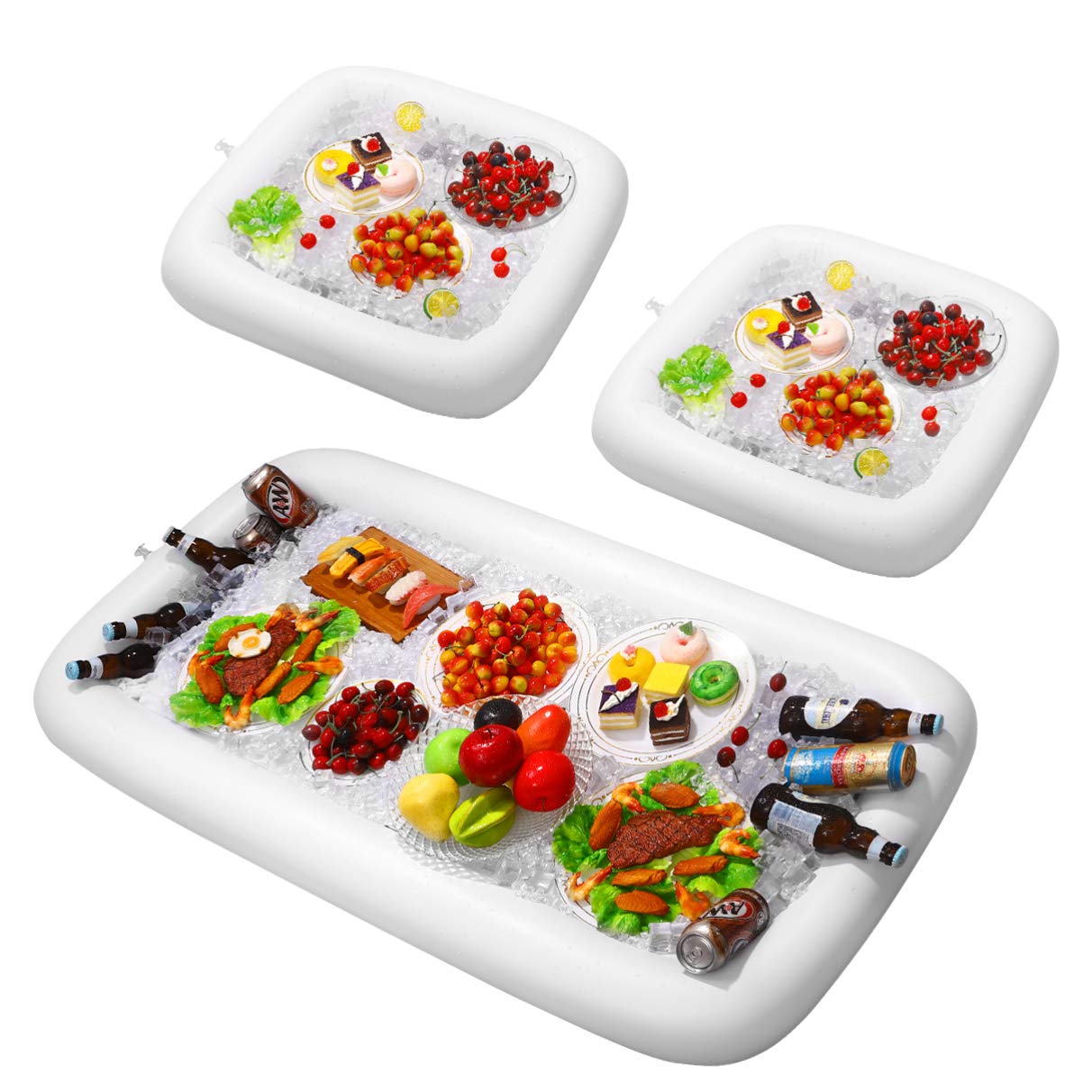 Hemoton 3-Piece Inflatable Ice Serving Tray Set - Waterproof Salad Food & Drink Cooler with Drain Plug - Perfect for Picnic, Camping, Beach, BBQ, Pool Party (White)