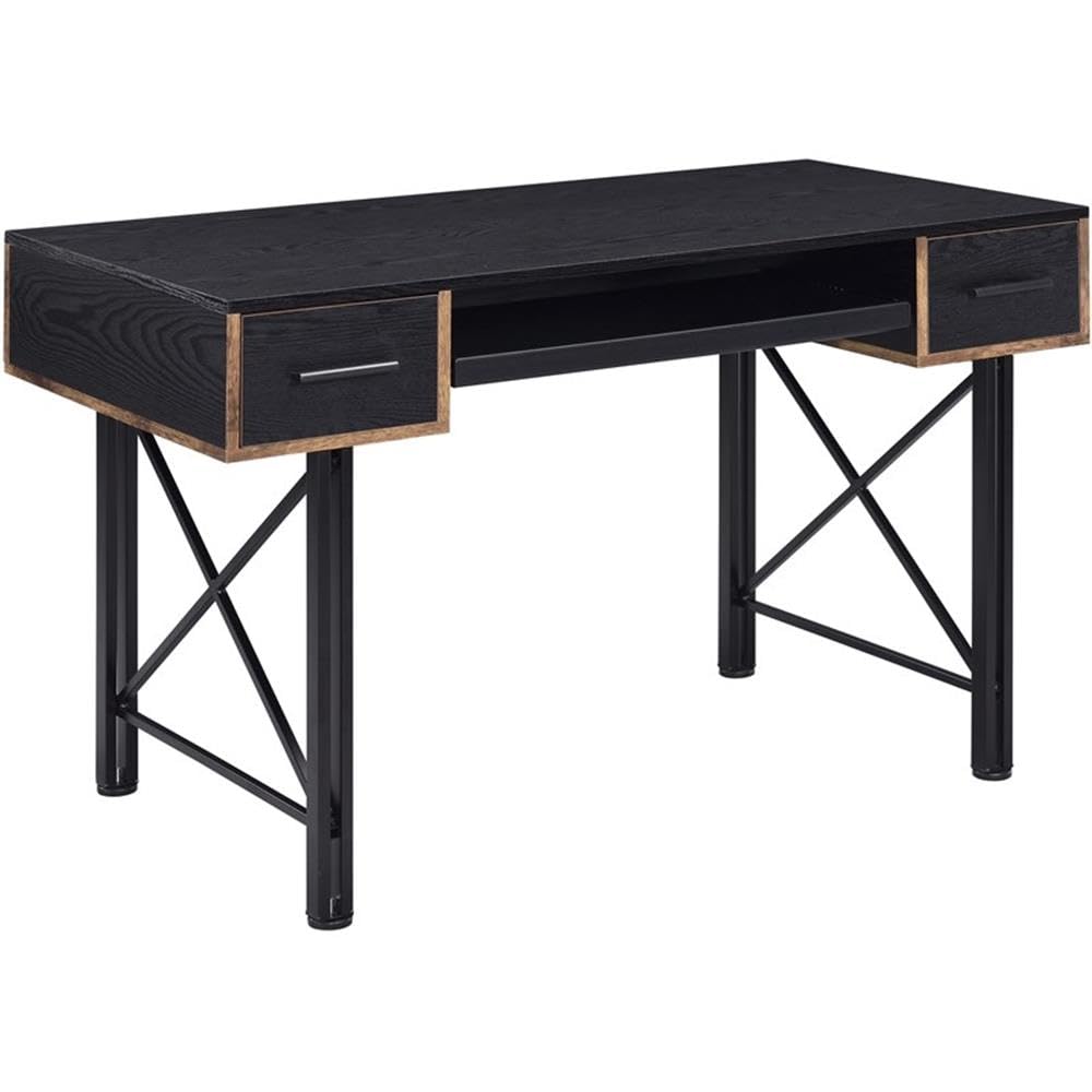 Black Acme Settea Wooden Computer Desk with 2 Drawers & Keyboard Tray - Home Office Workstation for Small Spaces, Gaming & Study