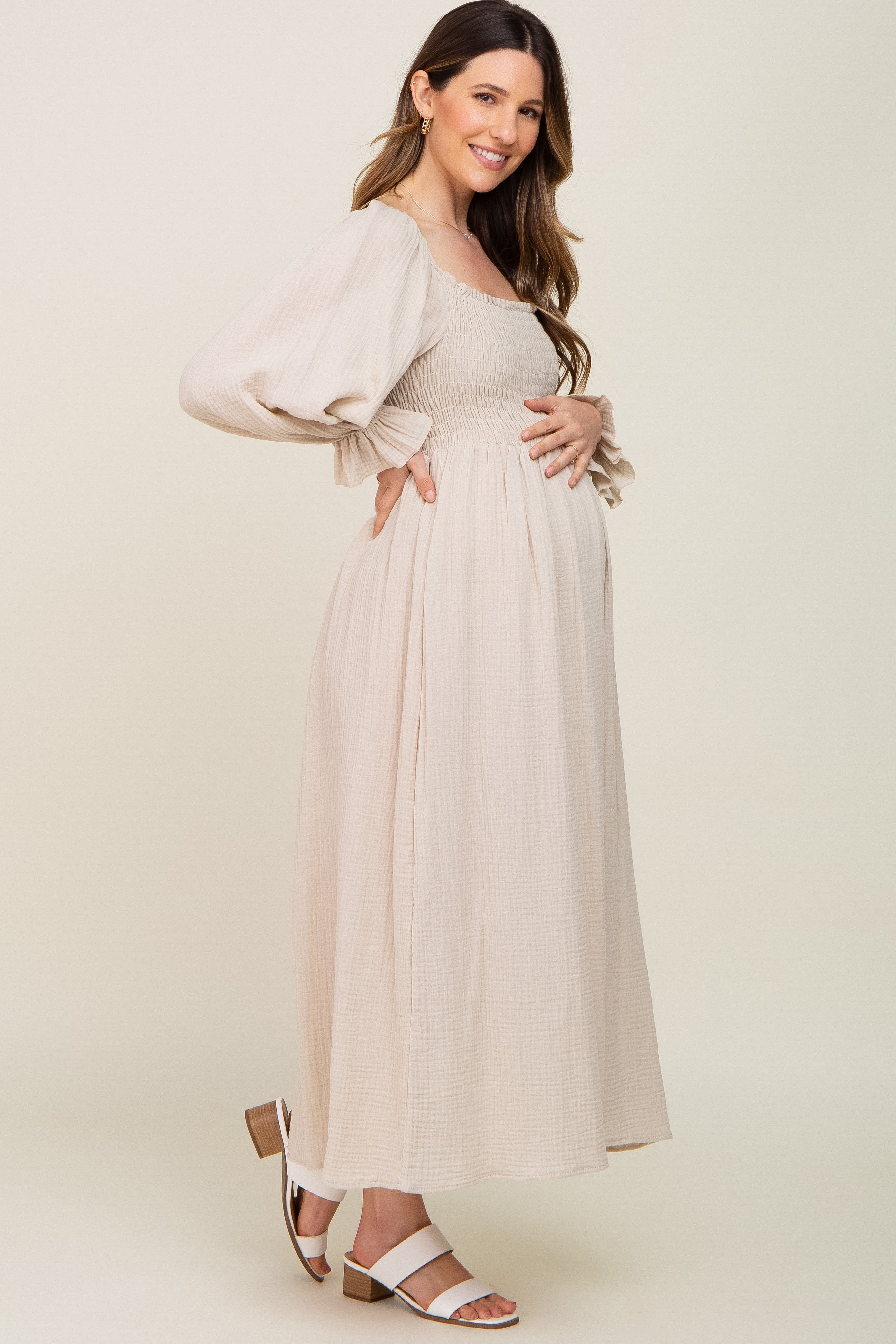 Beige Smocked Maternity Dress for Women - Comfortable Gauze Mid-Length Pregnancy Dress for Baby Shower, Summer Vacation & Casual Outings