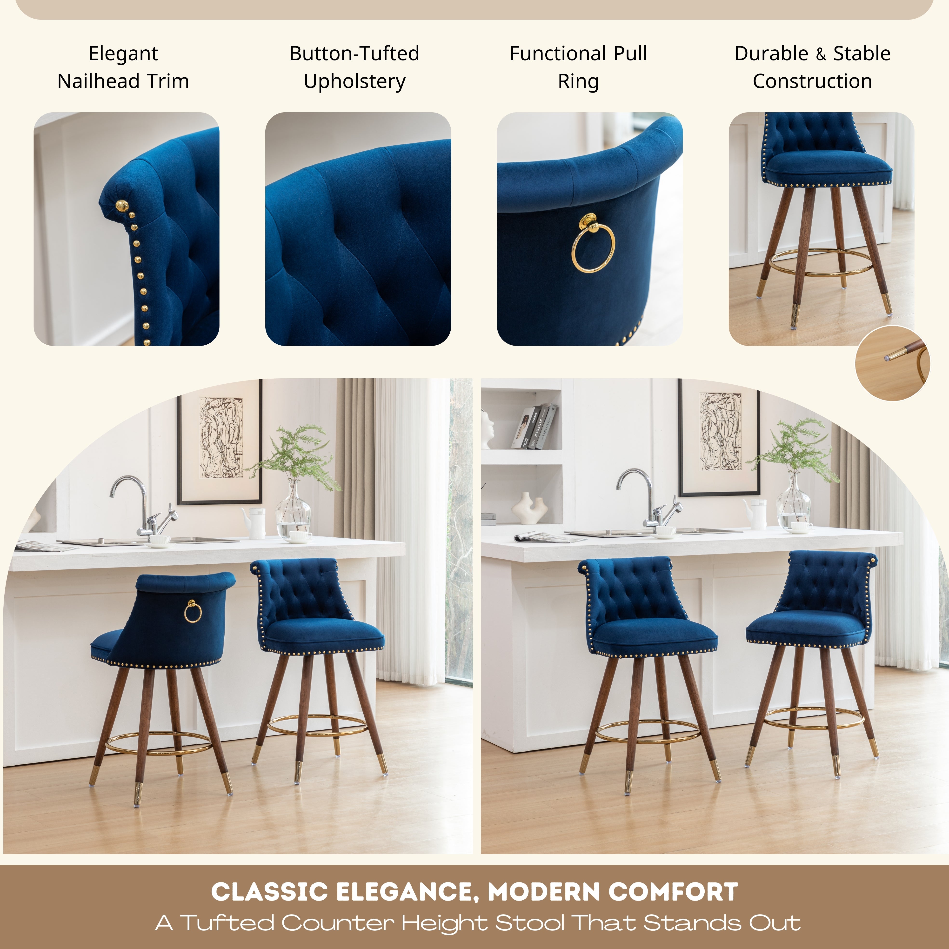 Roundhill Furniture Elvara Set of 2 Button Tufted Counter Stools with Nailhead Trim - Modern Kitchen Bar Stools for Breakfast Nook, Kitchen Island & Home Decor