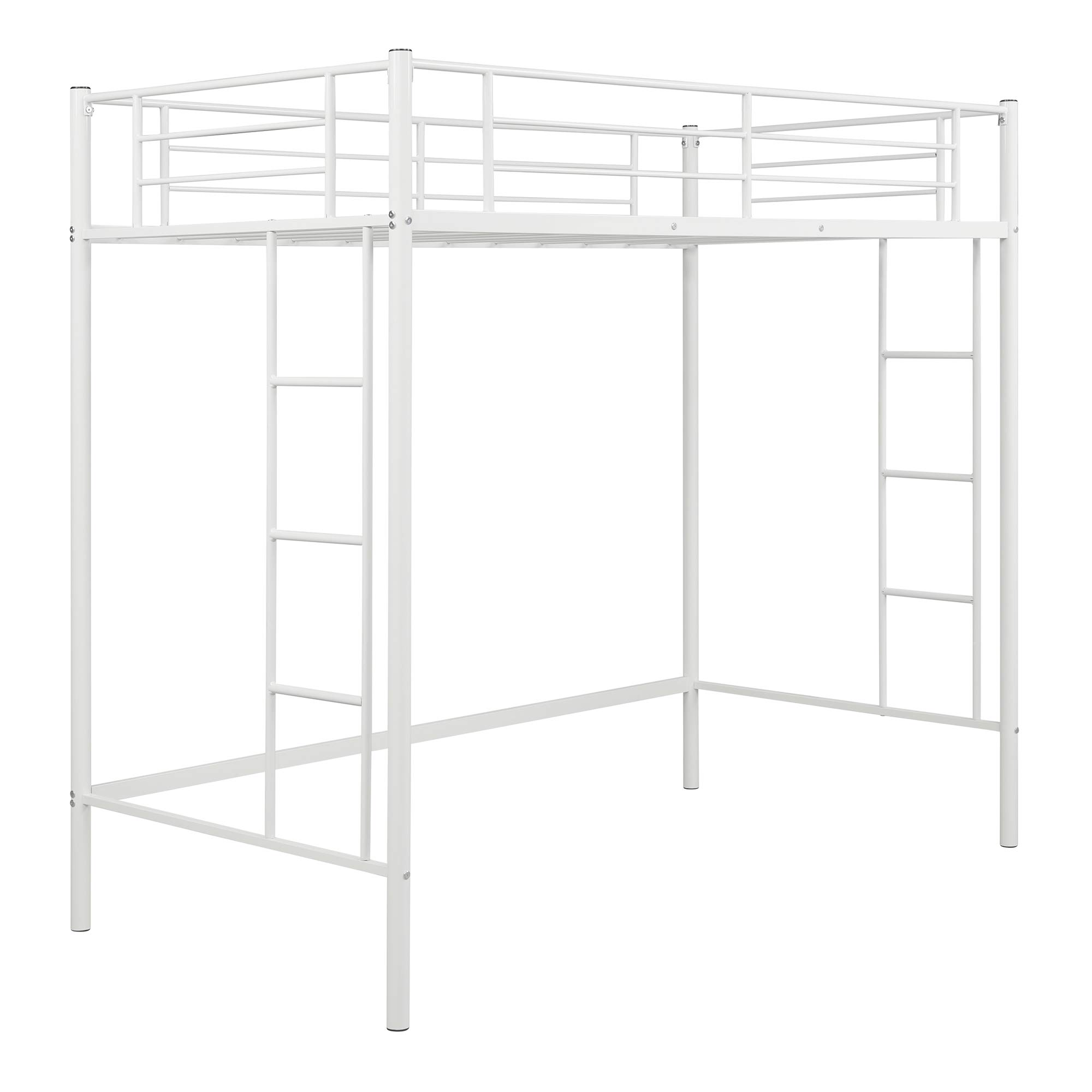 Sturdy White Metal Loft Bed with Twin Size Frame - 2 Ladders & Full Guardrail for Safety, Heavy Duty Steel Construction (No Box Spring Required) - Perfect for Kids' Bedrooms, Dorm Rooms & Small Spaces