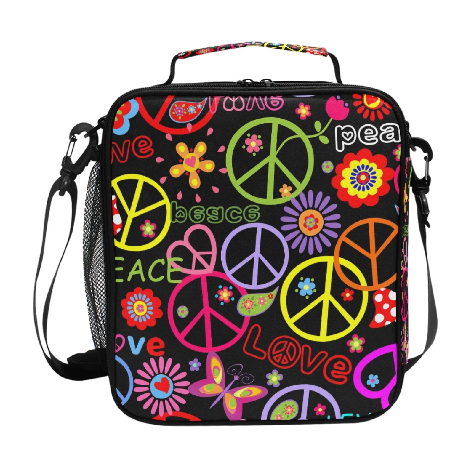 Colorful Peace Sign Hippie Lunch Bags - Reusable Insulated Tote Shoulder Bag & Crossbody Cooler for Kids, Work, School, Picnic, Travel & Outdoor Activities | Eco-Friendly Lunchbox for Daily Use