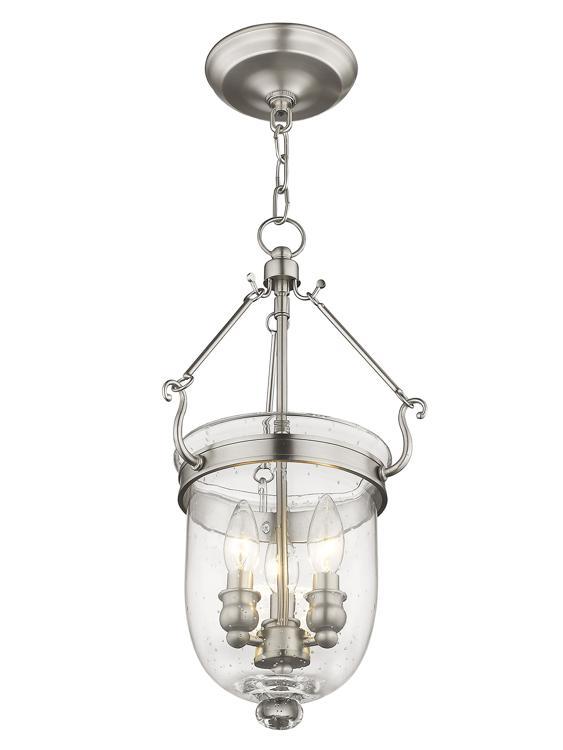 Livex Lighting 5083-91 Jefferson 3-Light Brushed Nickel Hanging Lantern with Seeded Glass Bell Jar - Perfect for Dining Room, Kitchen Island, or Entryway Lighting