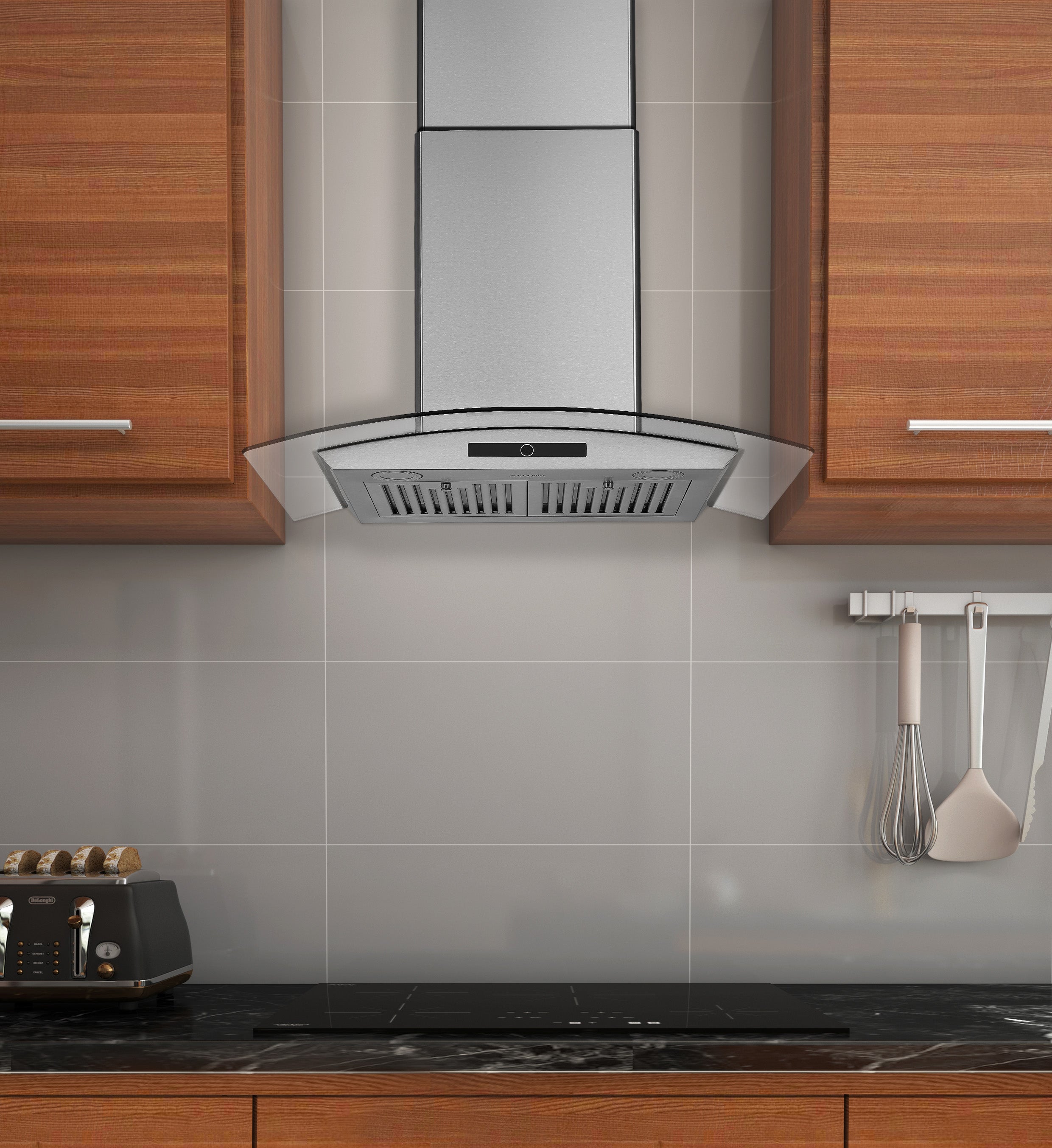 30 Inch Stainless Steel Convertible Wall Mount Range Hood with Glass Canopy - Perfect for Modern Kitchens, Open Shelving & Island Cooking Areas