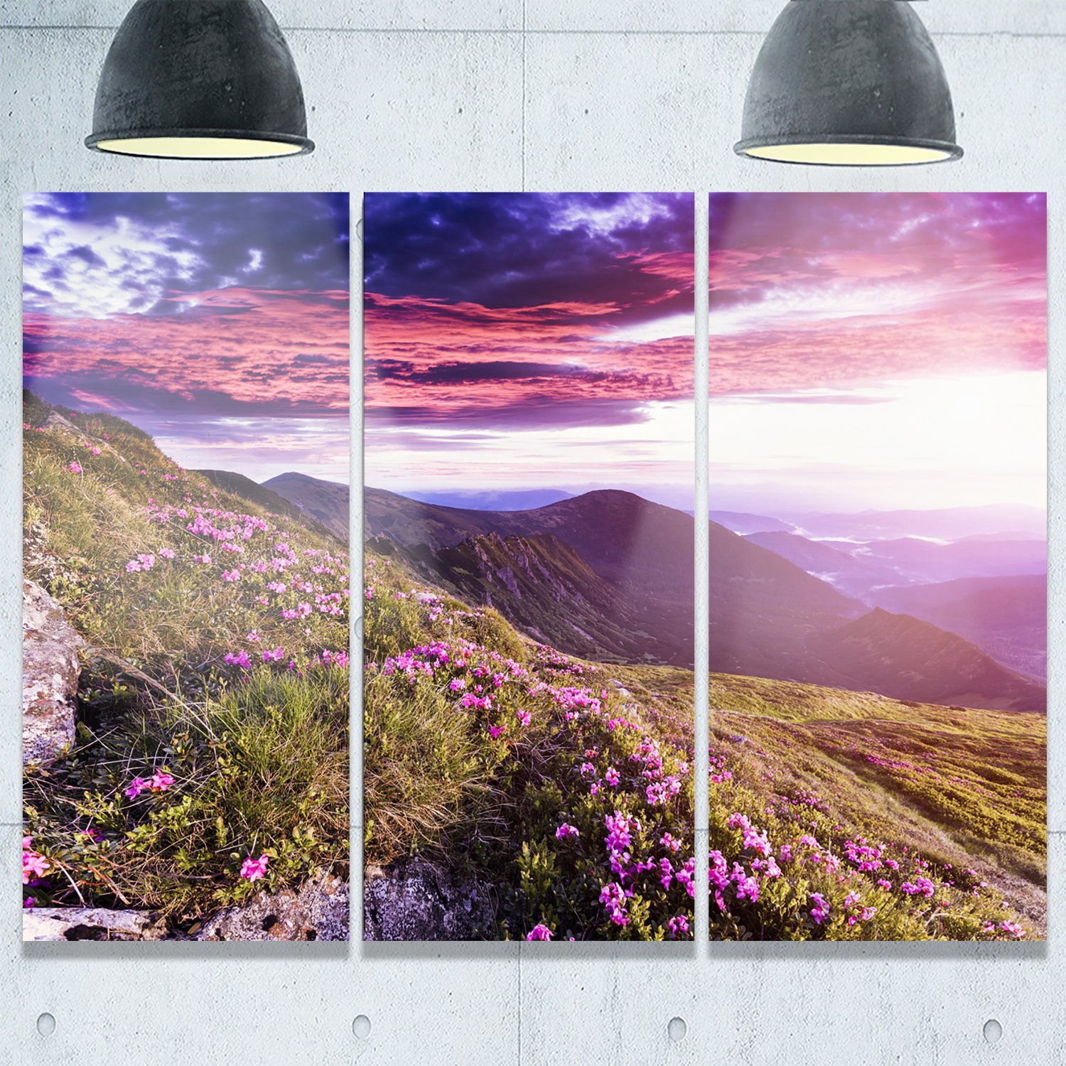 Designart MT9596-3P Purple Rhododendron Flowers in Hills Landscape Photo - 3 Panel Metal Wall Art Decor (28x36 Inches) for Living Room, Bedroom & Office