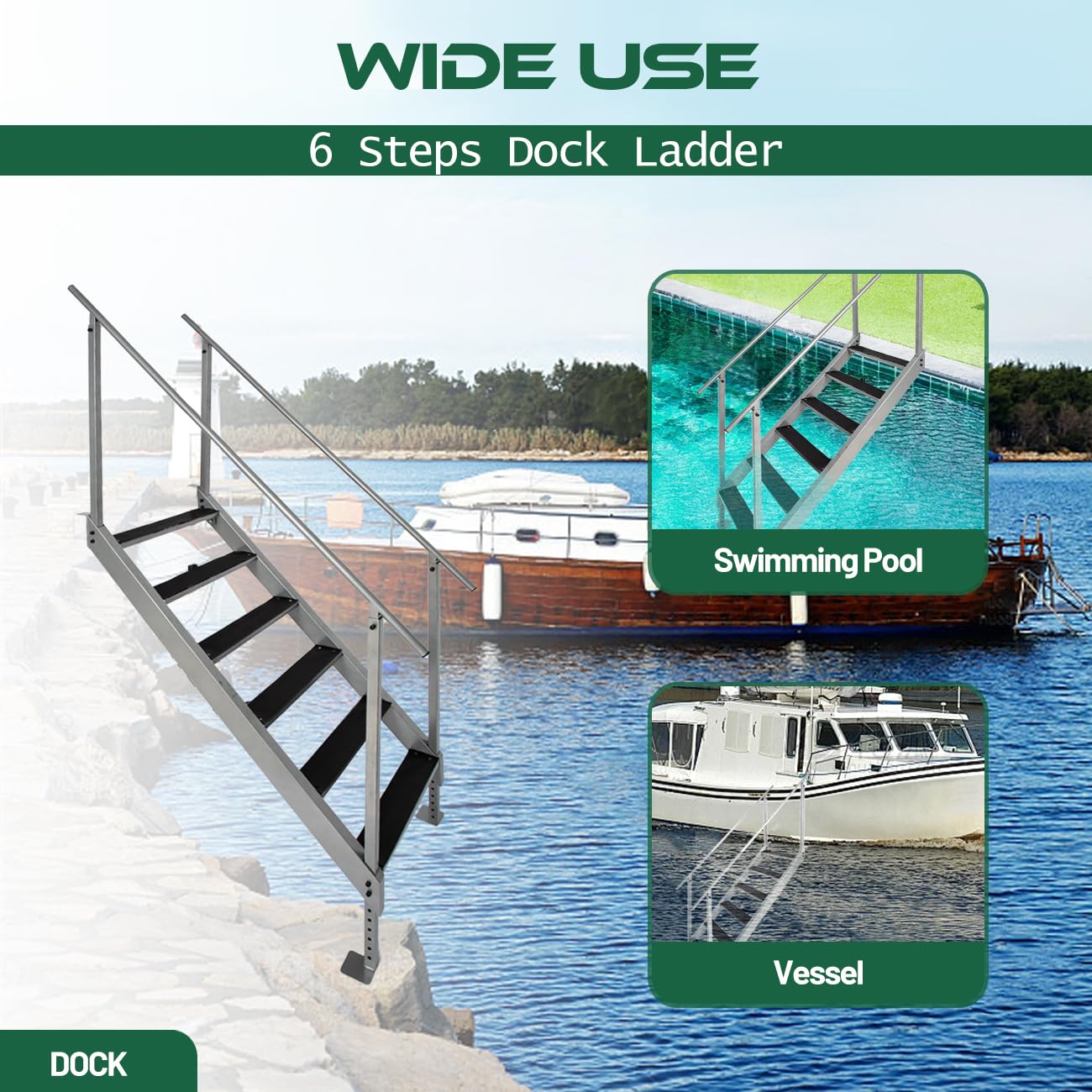 Biosp Adjustable Height 6-Step Dock Ladder with 2 Handrails, Heavy Duty 500LB Steel Pool Stairs with Non-Slip Rubber Pedals for Boat Dock, Inground Pool, Lake Swimming, RV Access & Home Use
