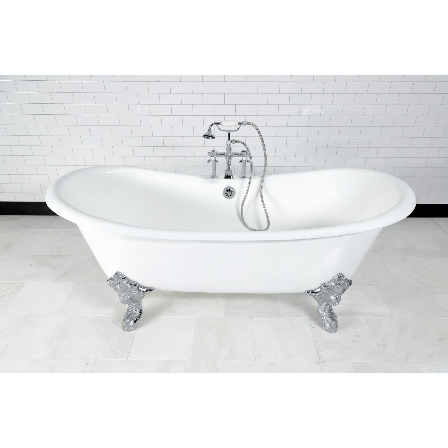 72 Inch White Cast Iron Clawfoot Bathtub with Polished Chrome Faucet - Oval Double Slipper Design for Vintage Bathroom & Luxury Spa Retreats