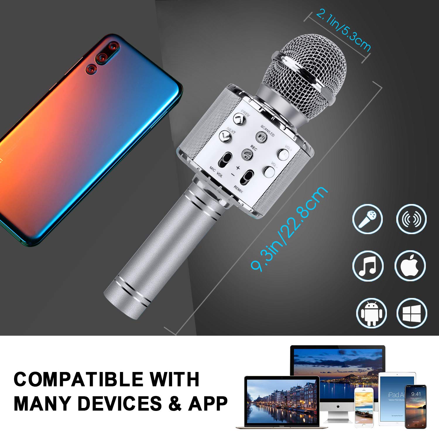 4-in-1 Wireless Karaoke Microphone with LED Lights - Portable Bluetooth Mic for Kids & Adults - Perfect Gift for Boys, Girls & Music Lovers (Silver) - Ideal for Home Singing, Parties & Travel Entertainment