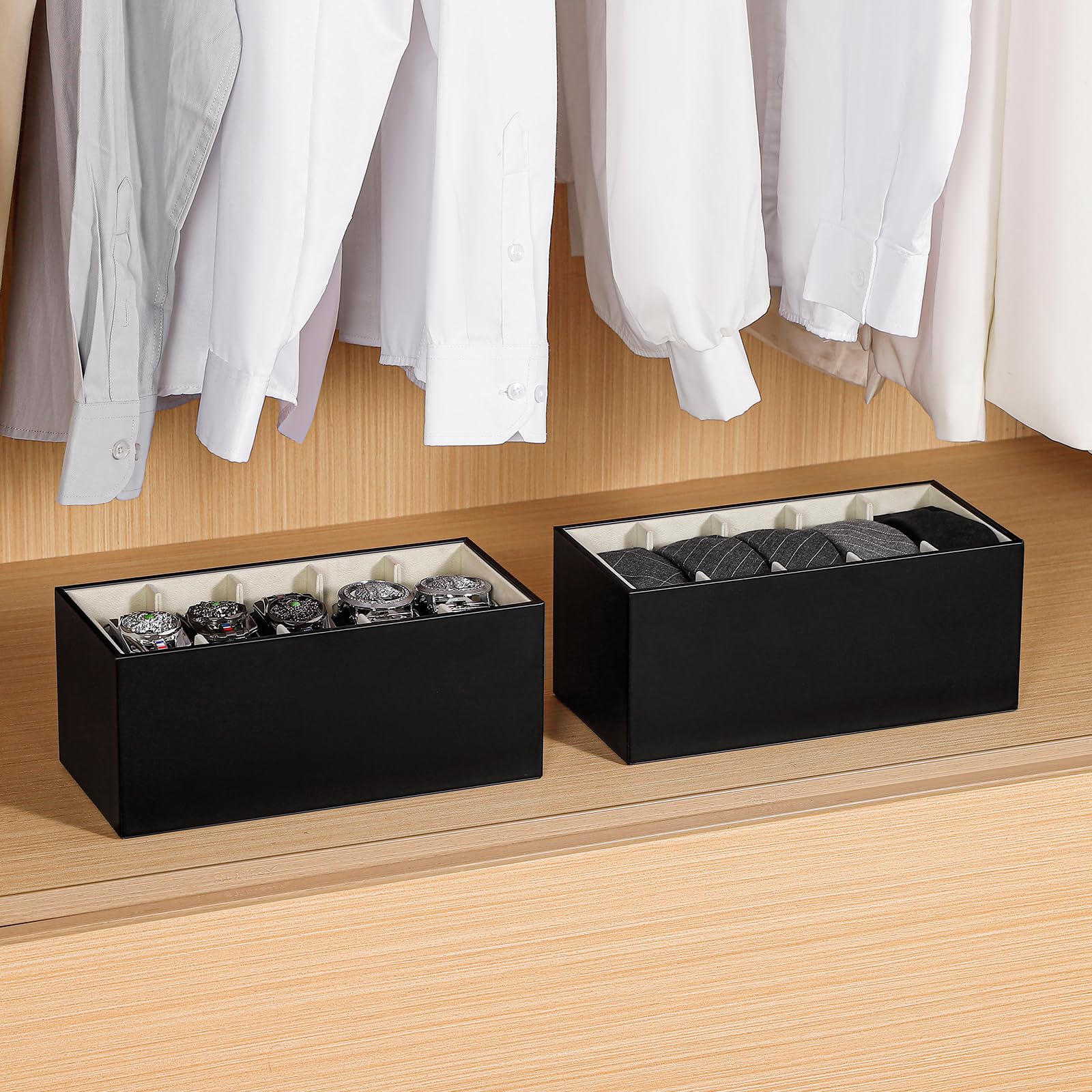 2 Packs PU Leather Belt Organizer - 5 Grids Belt Holder for Men's Closet & Drawer Storage - Black Belt Tie Organizer for Home & Travel Use