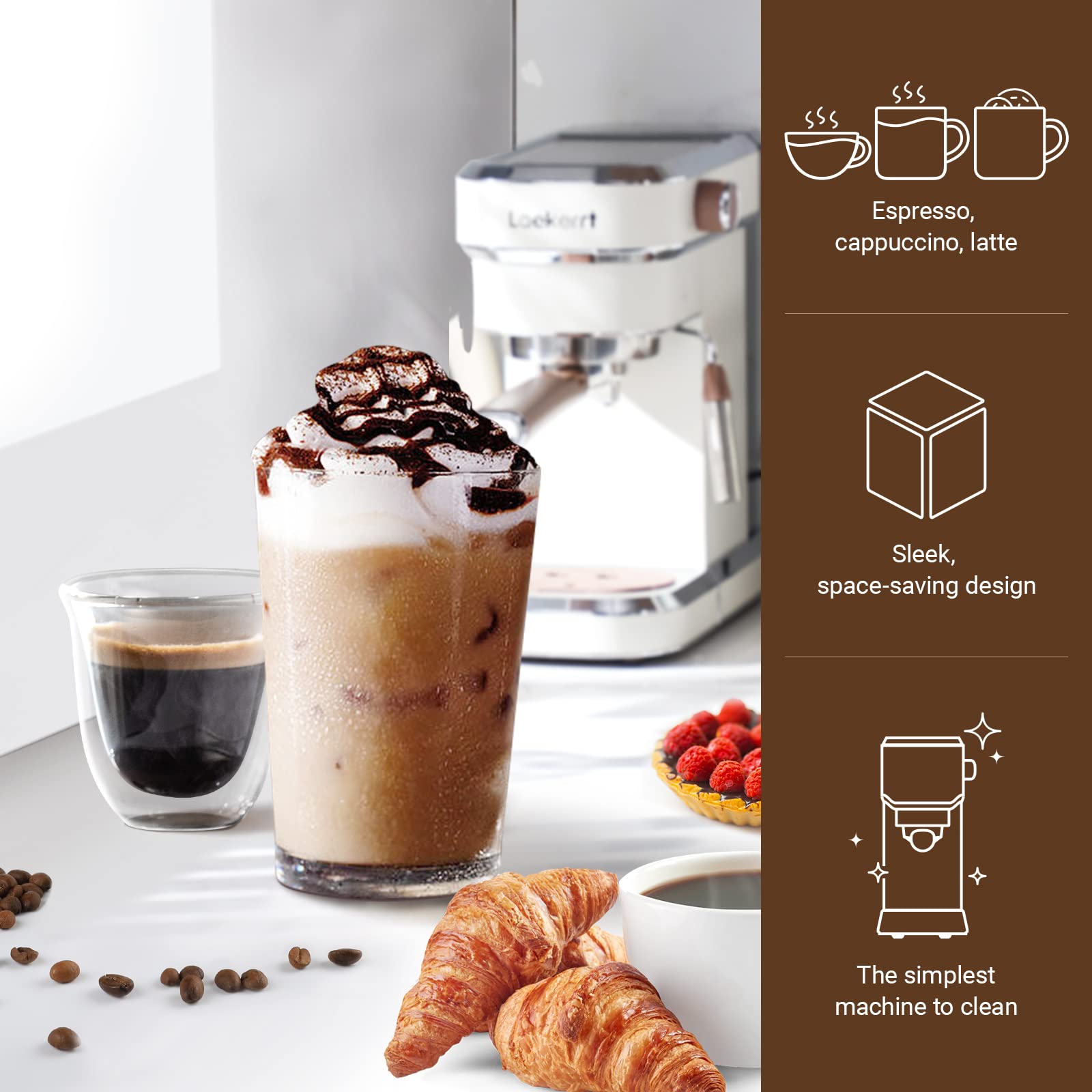 Laekerrt 20 Bar Espresso Machine with Milk Frother - Compact Stainless Steel Coffee Maker for Home, Perfect for Latte & Cappuccino - Ideal for Small Kitchens, Office Use, and Coffee Enthusiasts (White)